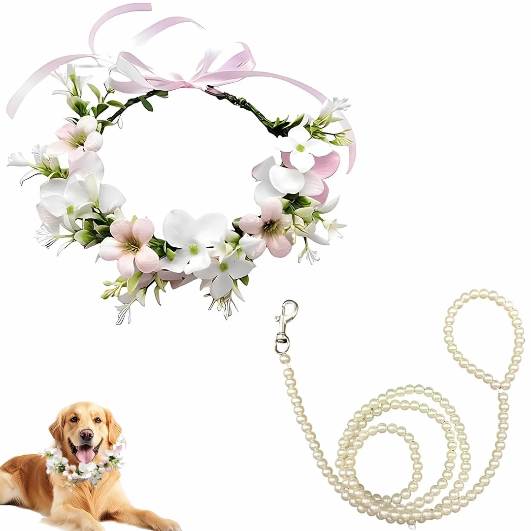 Collare Fiori Matrimoni per Cani Bianco Cucciolo Femmina Accessori Floreali Guinzaglio Perle Perline Taglia Media