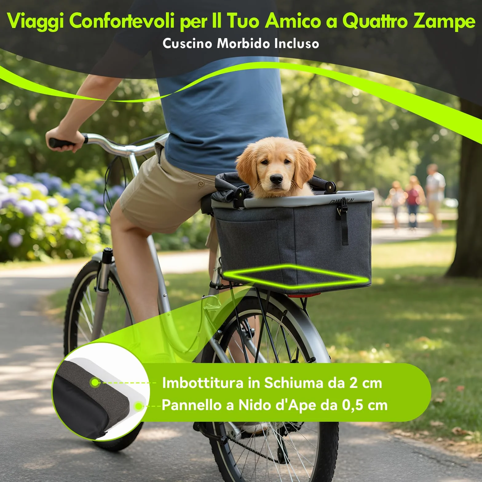 Cestino Posteriore Bicicletta Piegevole per Cani fino a 10KG, Telaio in Metallo, Piastra in PE, Montaggio Rapido per Ø 9-12mm, Finestra a Rete, Cuscinetto Morbido, Bande Riflettenti