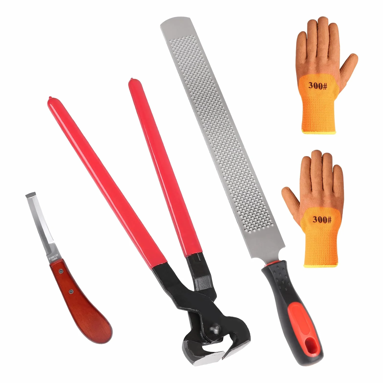 LALAGO Set di 4 Kit di Strumenti per Tagliare Zoccoli da Maniscalco, Coltello, Tosatore, Raspa, Guanti