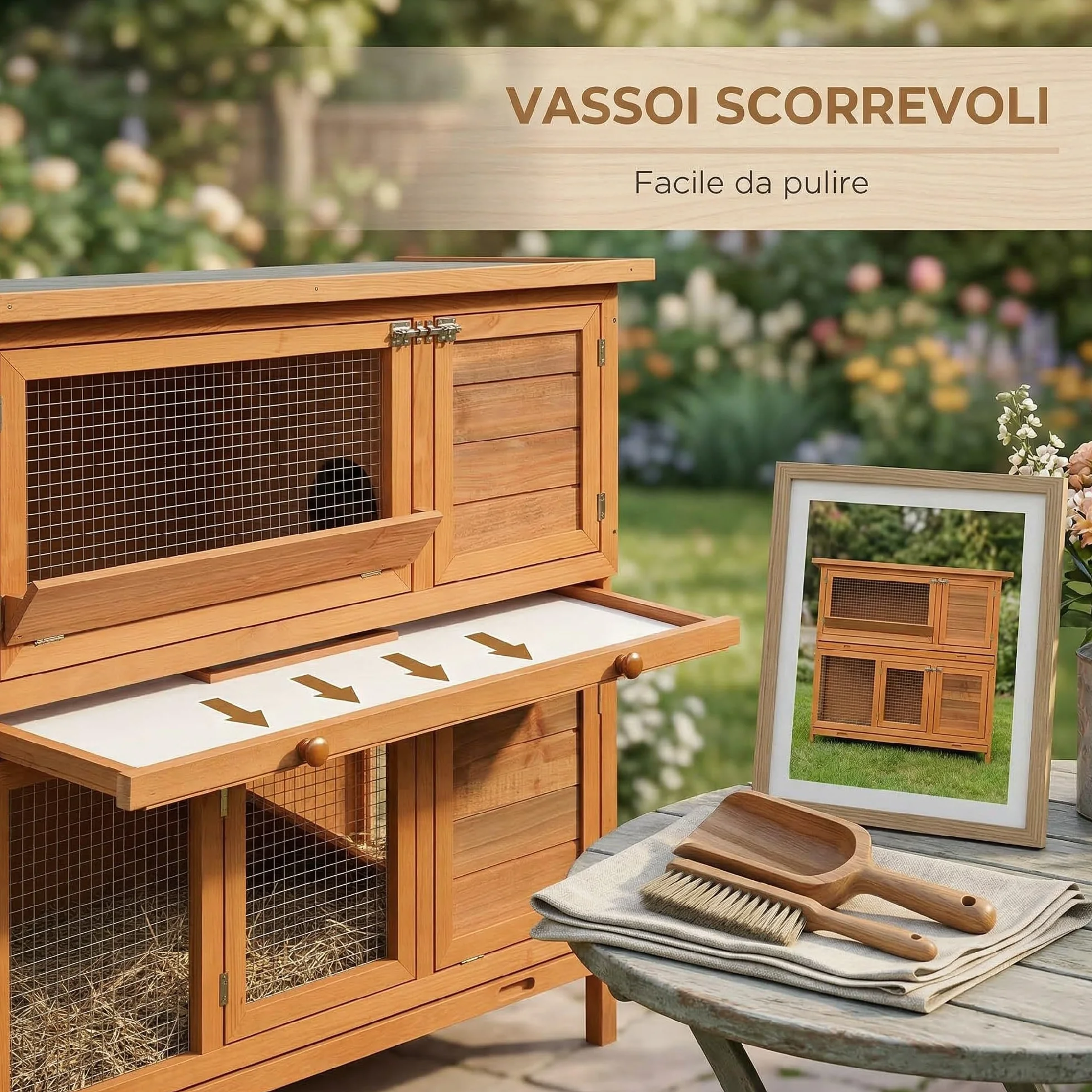 PawHut Conigliera da Esterno in Legno con Rampa a 2 Piani Casetta per Porcellini d'India e Gabbia Casetta per Conigli Animali Piccoli 122x48x100 cm