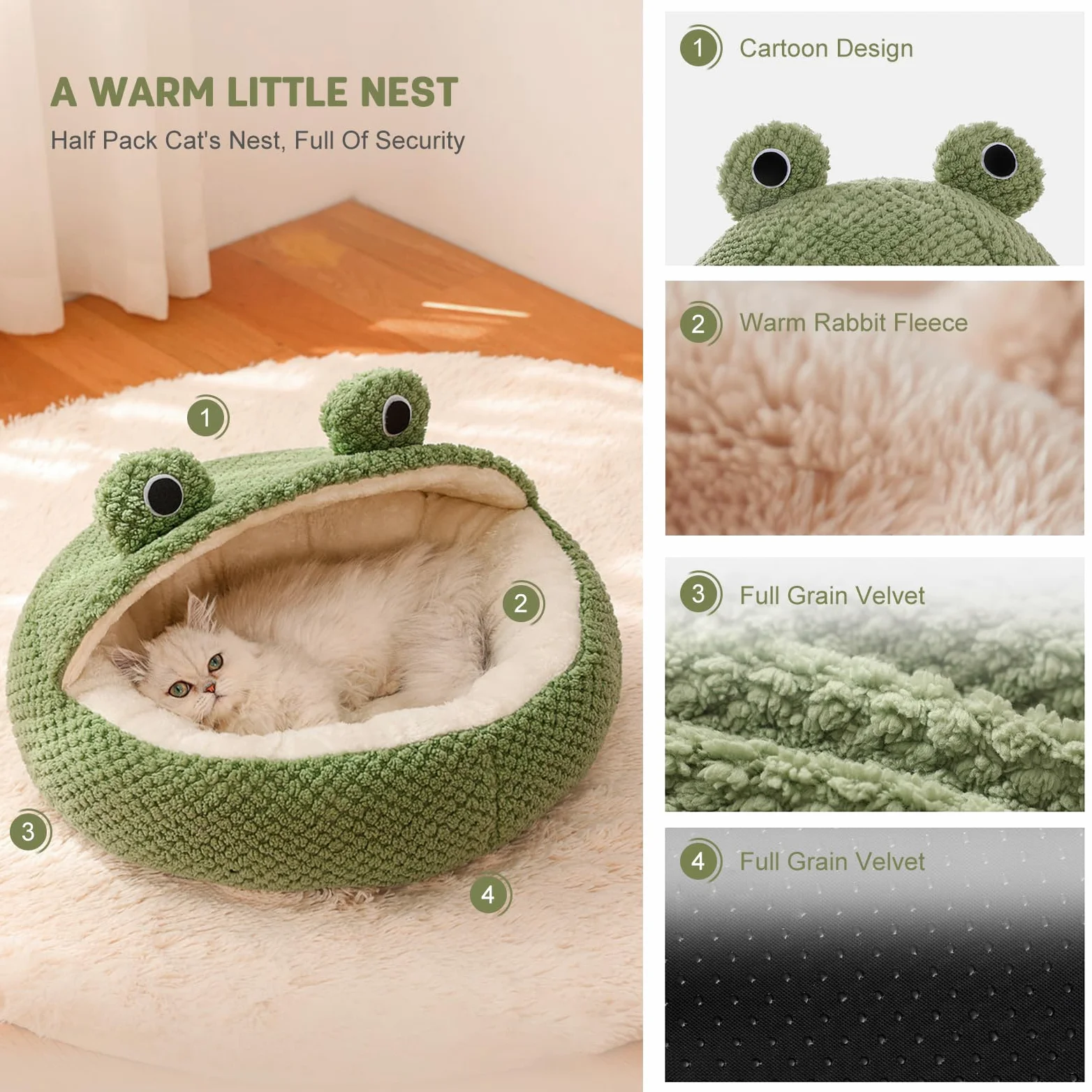 PETCUTE Cuccia da Interni per Gatti,Letto per Animali Domestici,Letto per Gatti con Cuscino Imbottito Rimovibile e Lavabile,Simpatica Forma di Rana,Cuccia per Gatto con Fondo Antiscivolo