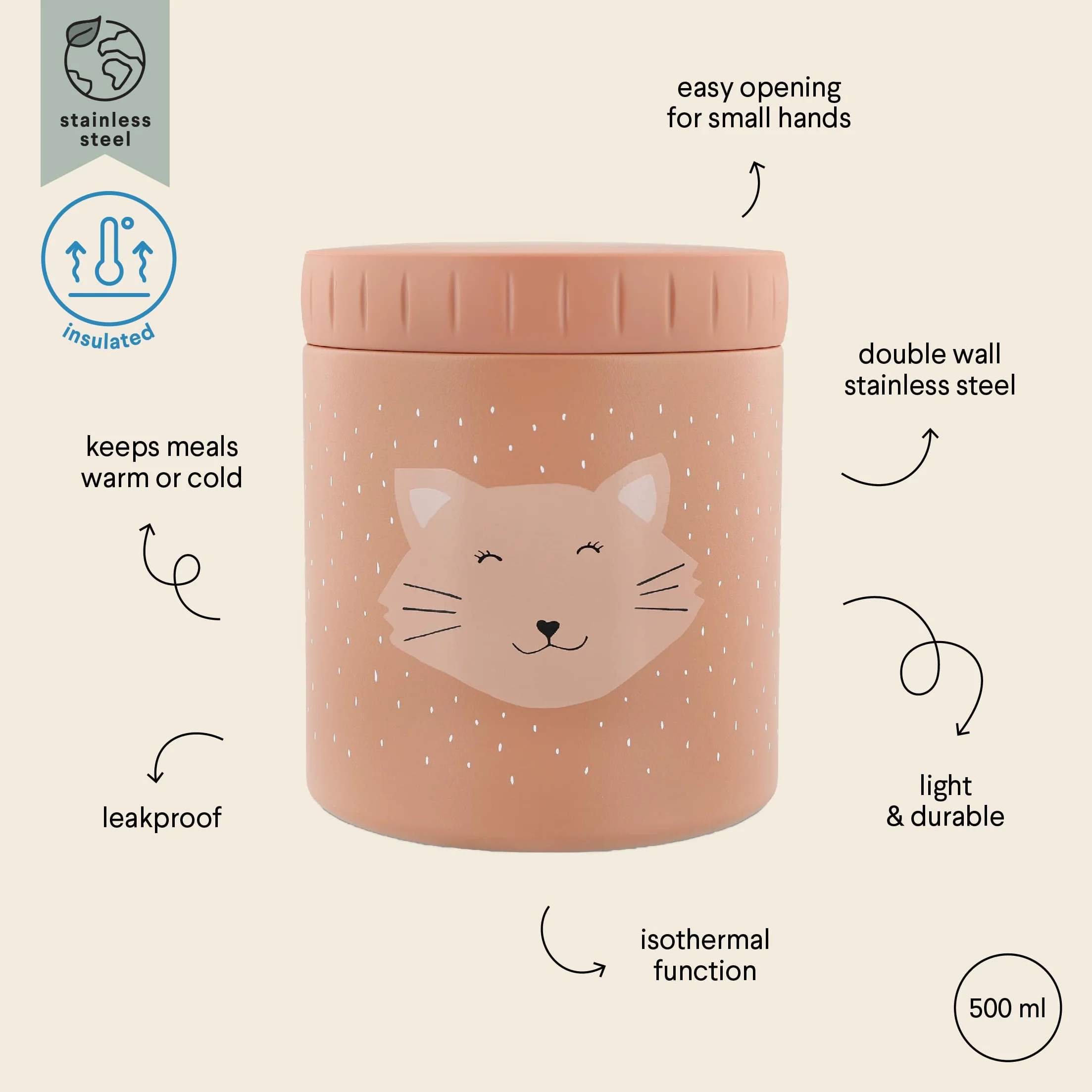 Trixie - Scatola termica per il pranzo in acciaio inossidabile da 500 ml - Contenitore alimentare per il pranzo e il gusto (Mrs. Gatto (Gatto))