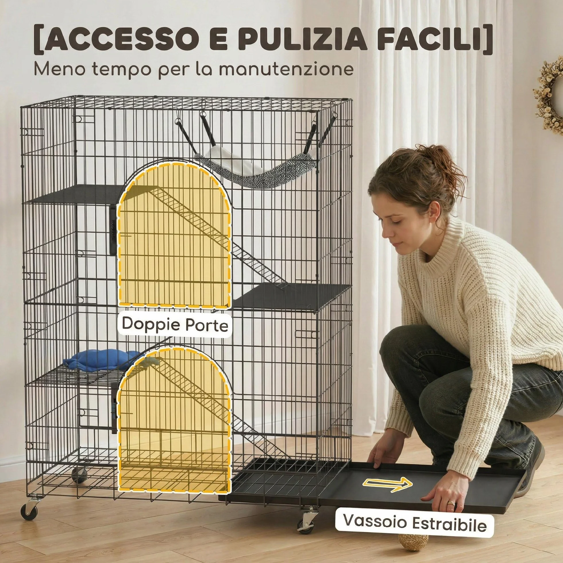 PawHut Gabbia per Gatti Grande 4 Livelli con Ruote, Recinto per Gatti da Esterno ed Interno in Metallo, Vassoio Estraibile, Amaca, Letto, Rampe, Piattaforme, per 1-2 Gatti, Scoiattoli Cincillà, Nero
