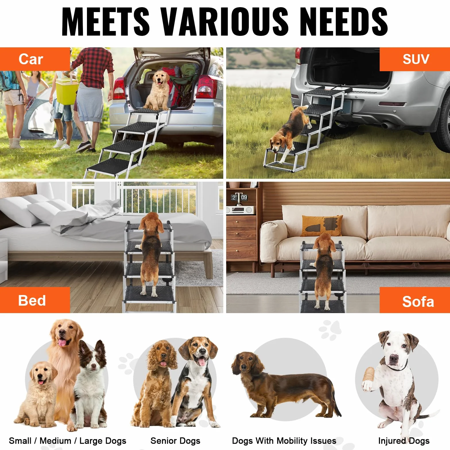 VEVOR Scala per Cani Larghi per Auto 4 Gradini, Rampa Pieghevole con Superficie Antiscivolo, Animali Domestici Gradini Portatili in Alluminio Leggero per SUV e Camion, Supporta Fino a 113 KG