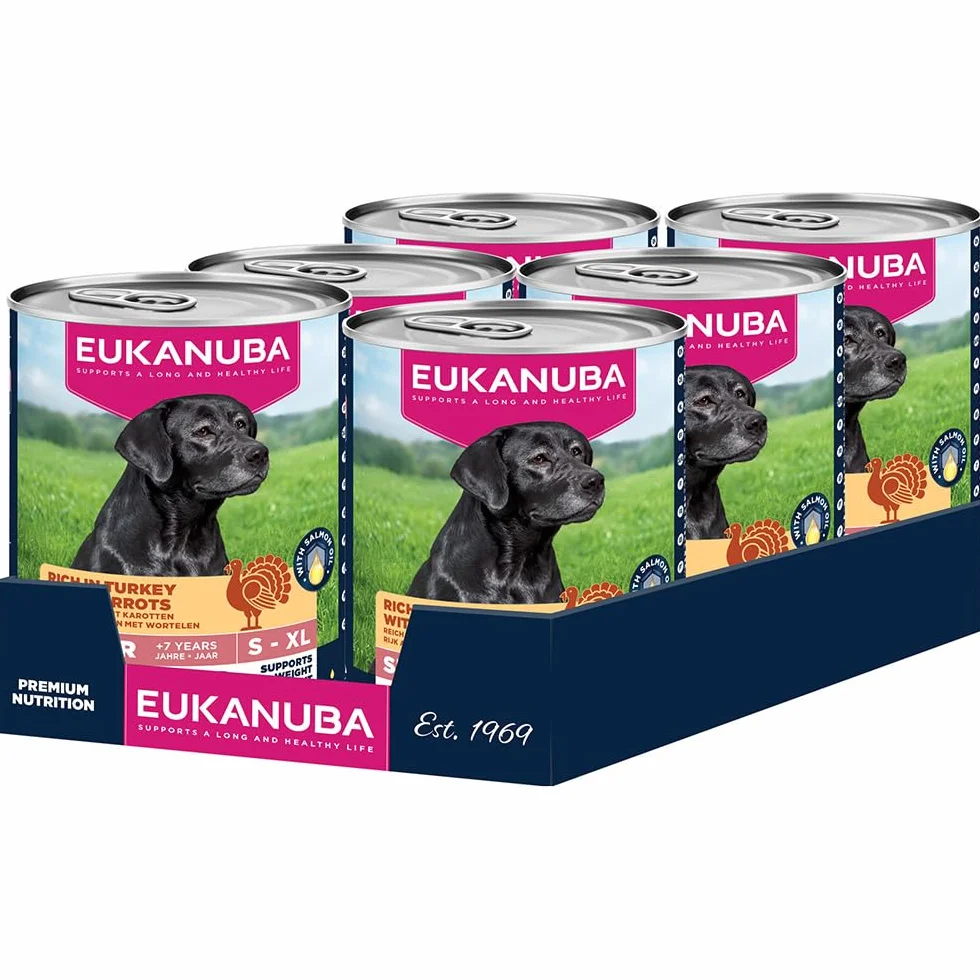 EUKANUBA Cibo umido per cani senior con tacchino e carote, cibo umido premium senza cereali per cani anziani, 6 x 400 g lattine
