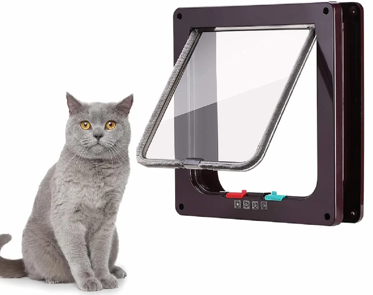 Gattaiola Porta Portina per Gatti e Cani, Entrata e Uscita Controllabile, Materiale ABS (Marrone)