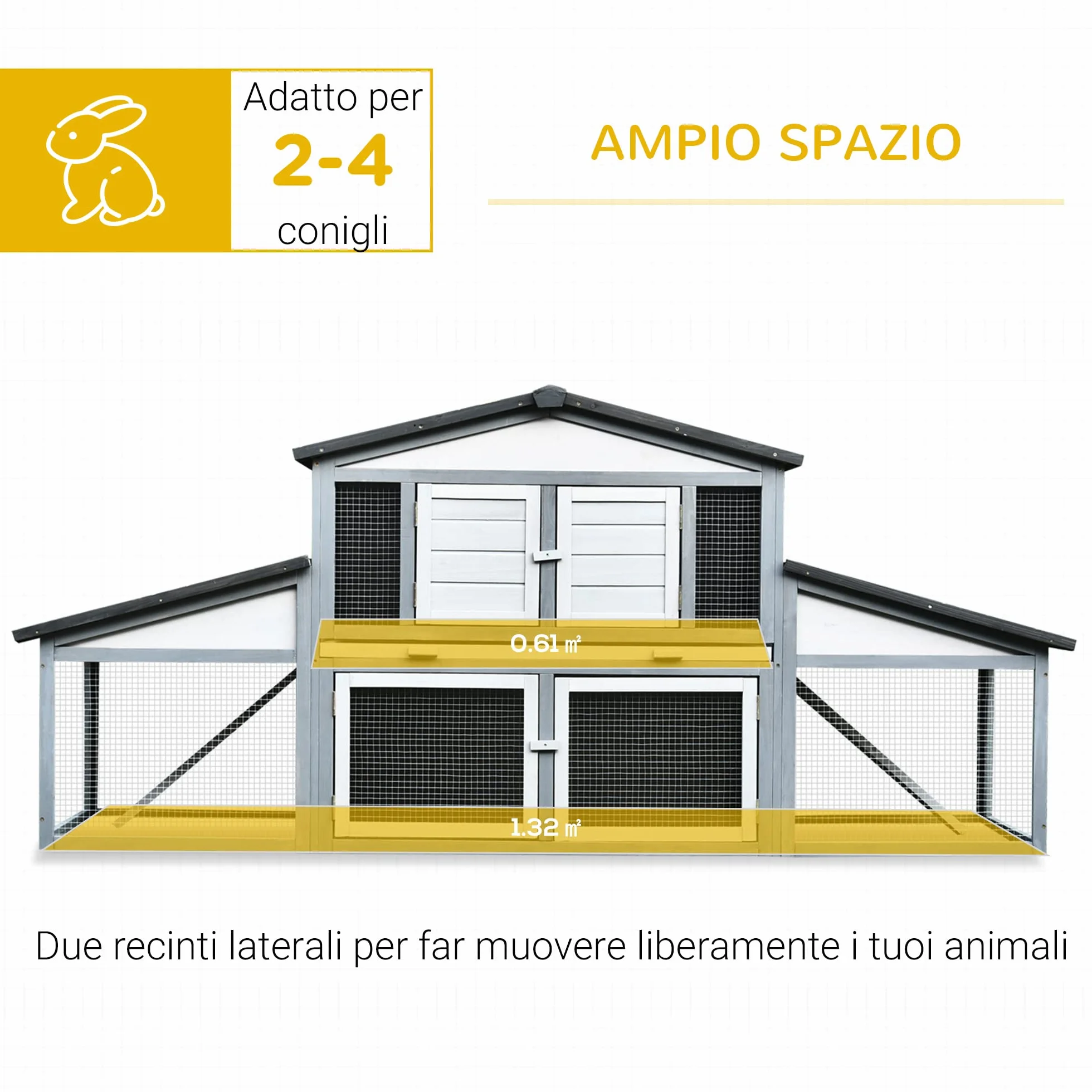 PawHut Conigliera da Esterno in Legno Gabbia per 2-3 Conigli o Roditori Bianca