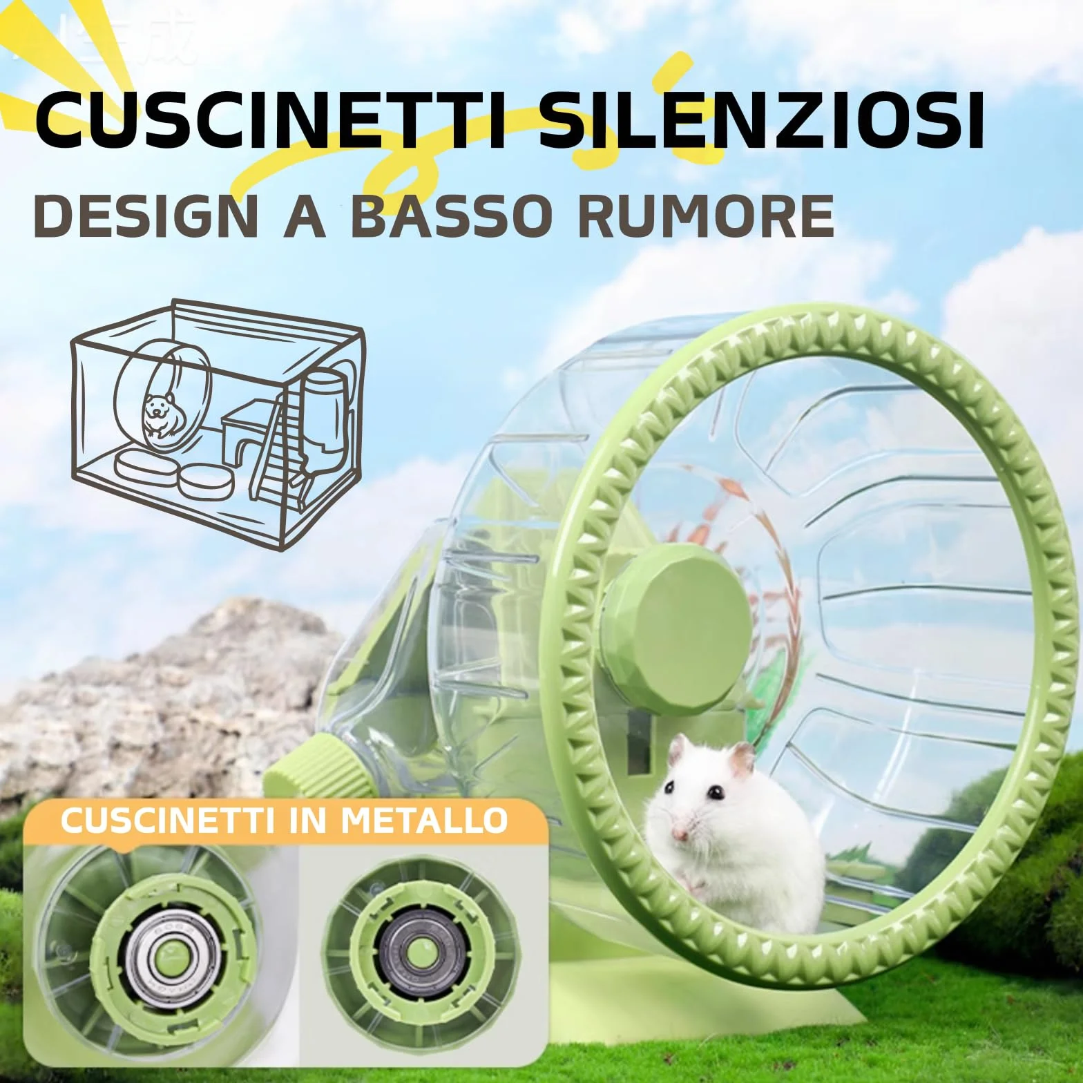 Ruota 4 in 1 per Criceto, Casa per Criceto con Ruota per Corsa, Ciotola per Cibo, Bottiglia d'Acqua e Nascondiglio, Giocattoli per Esercizio e Corsa per Piccoli Animali (Verde, 19.5cm)