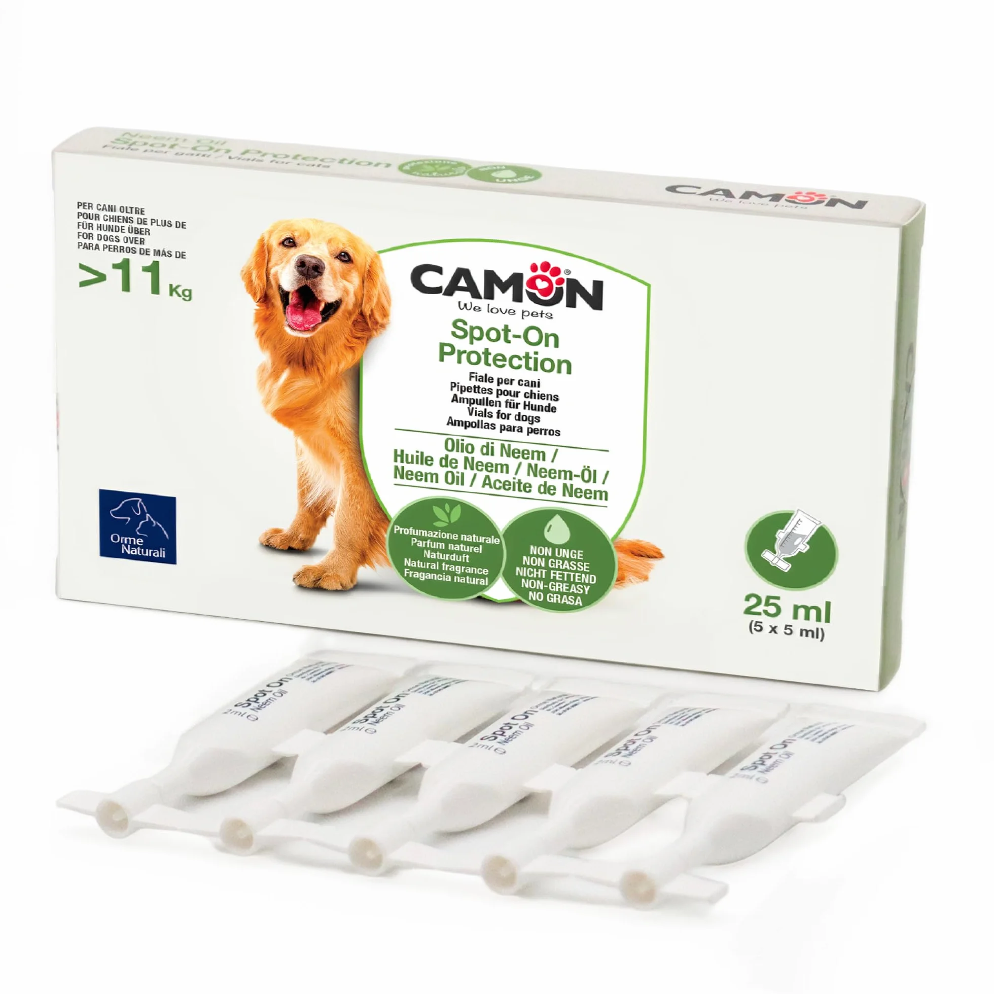 CAMON | Spot-On Protection Cane (>11kg), 5 Fiale da 5ml con Olio di Neem, Protezione Naturale per Cani