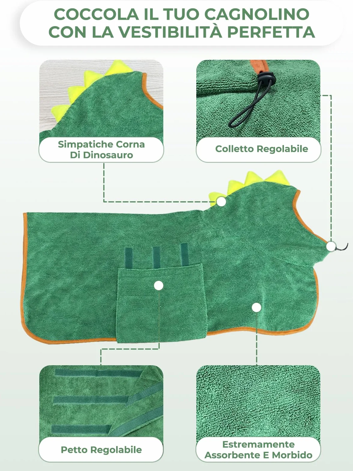Accappatoio per Cani in Microfibra, Bibykivn Super Assorbente Regolabile Asciugamano per Animali Domestici Morbido Cappotto Bagno con Cappuccio per Asciugare Cane Dopo il Bagno (L, Verde)