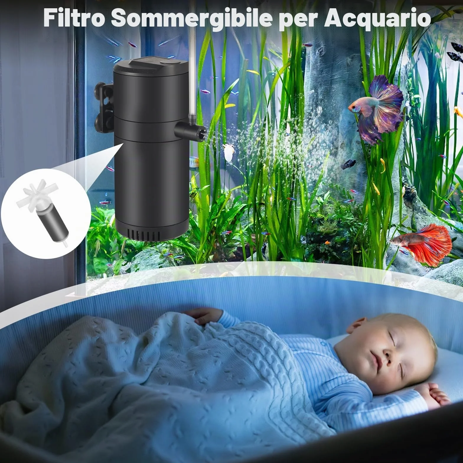 Filtro interno per acquario con flusso da 8 W 500 L/H per acqua pulita, flusso d'aria regolabile, basso rumore, onde e silenzioso