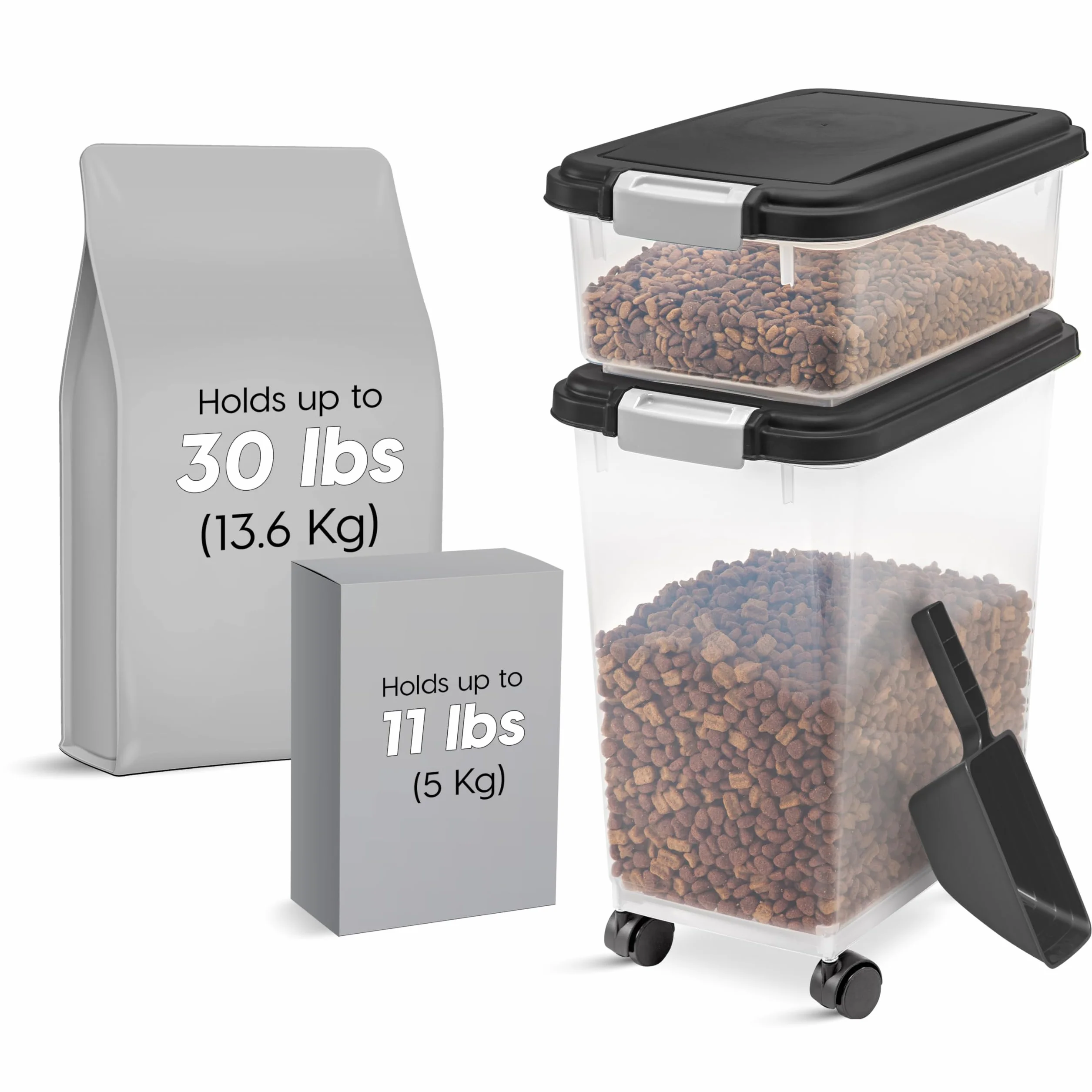 Iris Ohyama, Contenitore per Crocchette Ermetico, 30L+10L, Nero, Ermetici, Plastica, con Coperchio, Per Cibo per Gatti, Cani, Cibo secco, Crocchette, Dolci, MP-8&MP-1