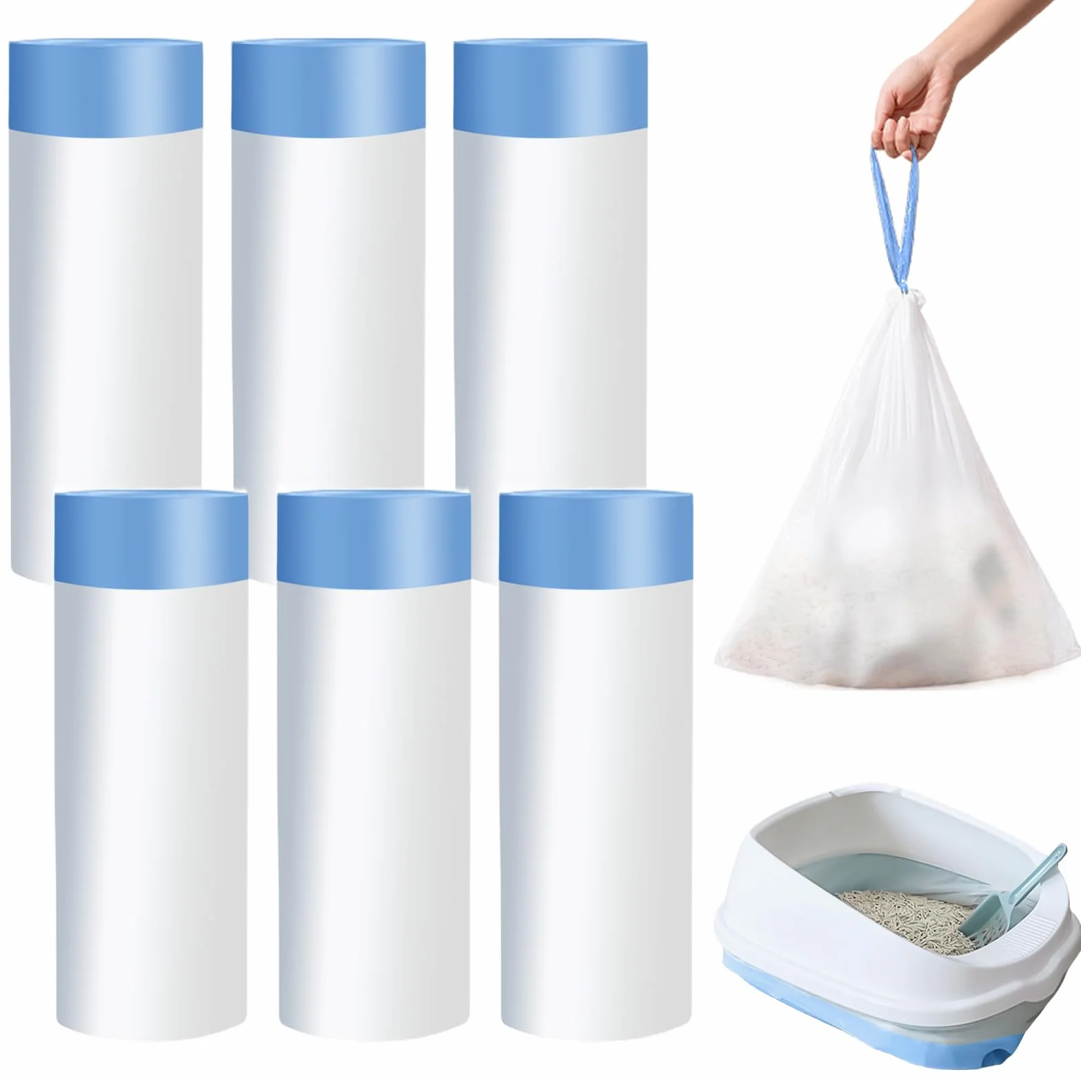 Sacchetti per lettiera per gatti con laccetti: sacchetto usa e getta, 6 rotoli/90 pezzi per lettiera – Mltten ispessiti con maniglia, 45 x 50 cm
