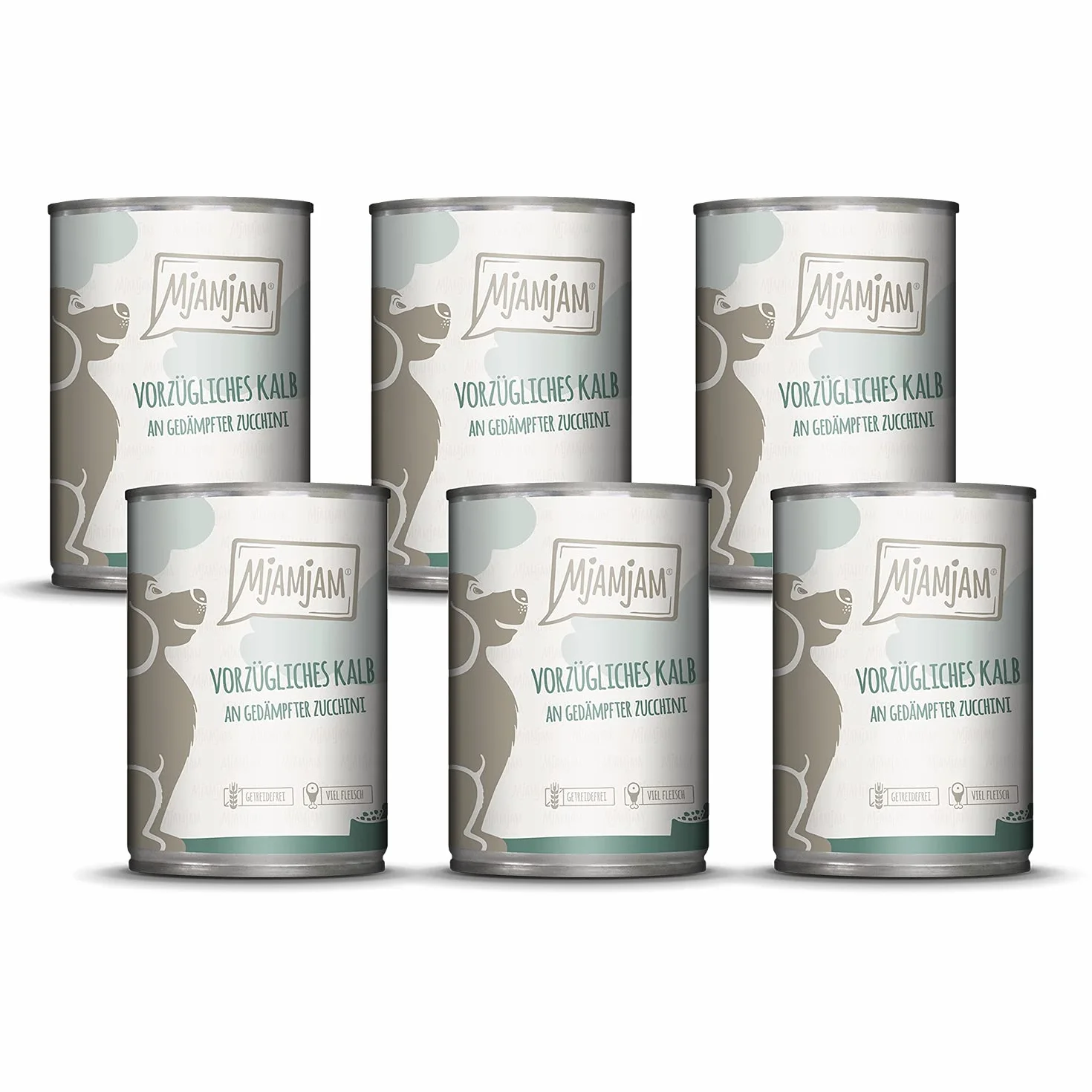 MjAMjAM - cibo umido premium per cani - ottimo vitello con zucchine al vapore, confezione da 6 (6 x 400 g), senza cereali con carne extra