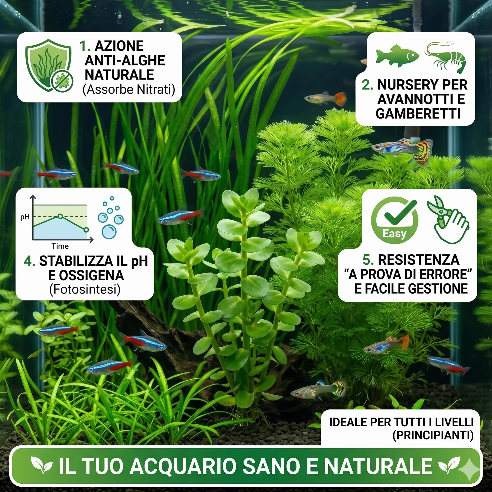 Set 3 Piante Vere Acquario: Vallisneria, Bacopa, Cabomba - Kit Piante Vive per Pesci d'Acqua Dolce, Facili da Coltivare e Ideali per Principianti in Ogni Acquario