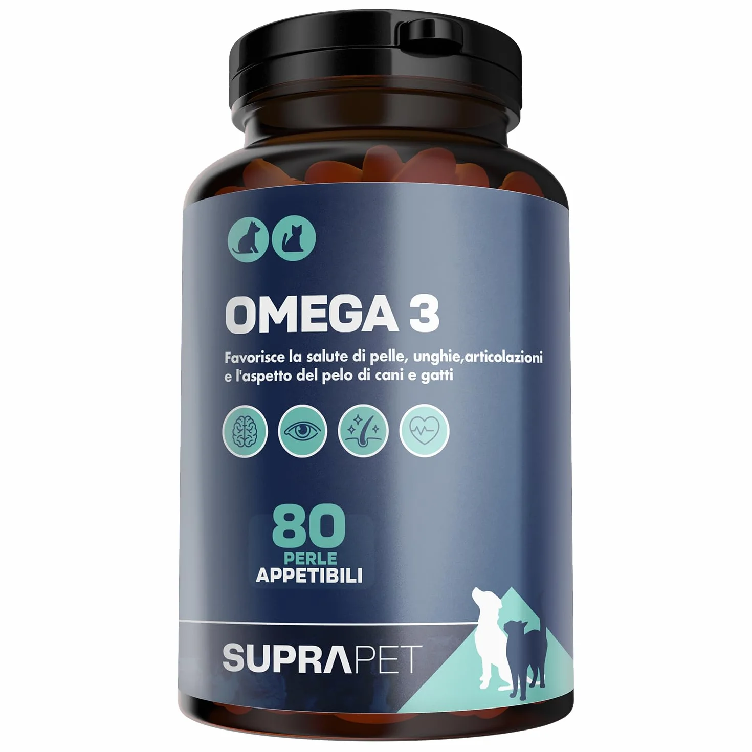 Suprapet Omega 3 per Cani e Gatti Olio di Pesce, EPA, DHA e Vitamina E 80 Perle. Mangime Complementare Naturale per Pelo e Articolazioni (80 unità (Confezione da 1))