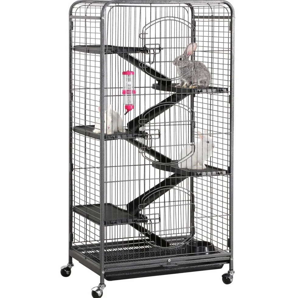 Yaheetech Gabbia per Coniglio Nano da Interno Esterno a 5 Ripiani Animali Domestici Grande in Metallo con 4 Rotelle Orientabili 64 x 43 x 131 cm Nera