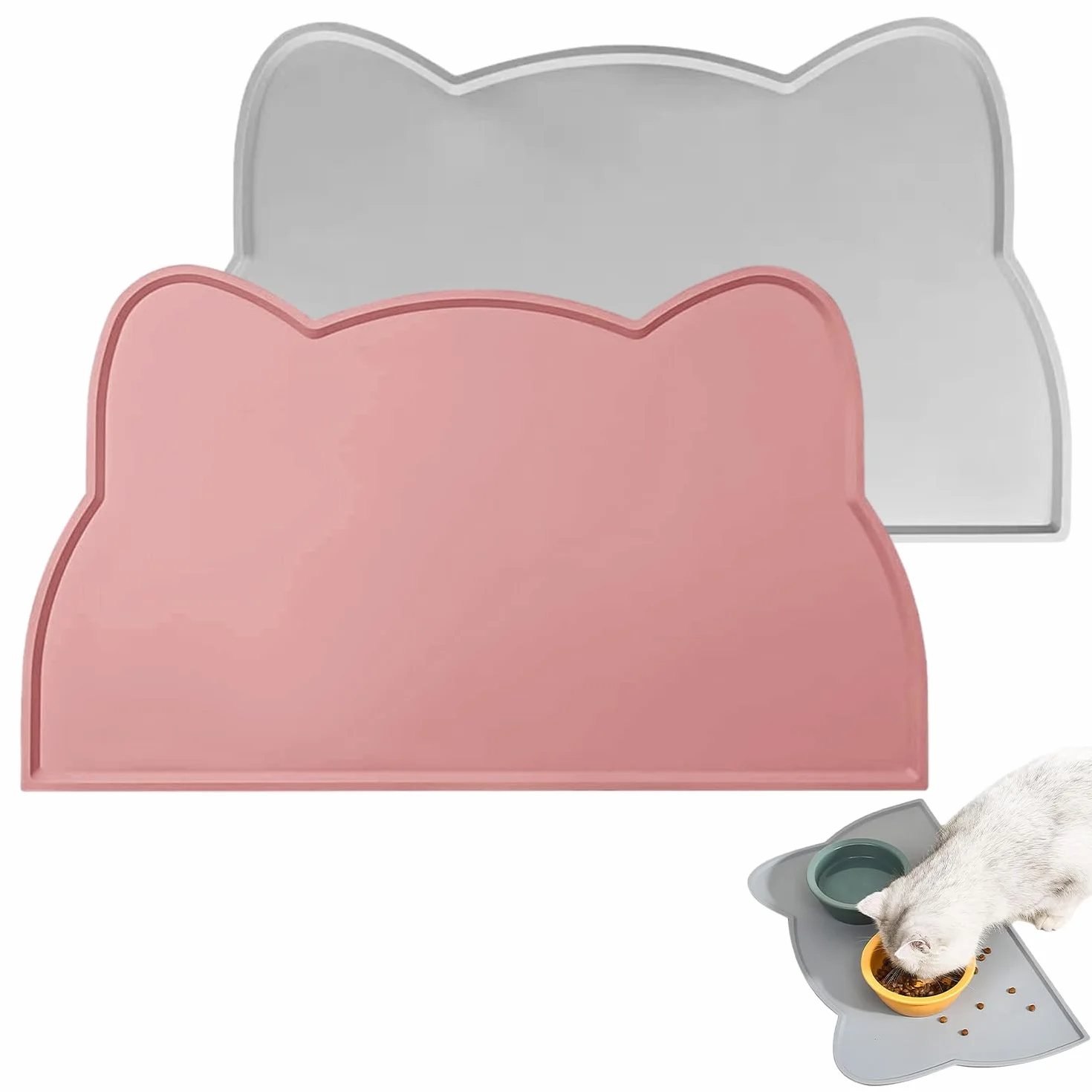 RYAN 2 Pezzi Tappetino Ciotole Gatto 48 * 25.5 cm Tappetino Sottociotola per Gatti Tappeto Pappa Gatto Impermeabile Tappetini Antiscivolo Ciotola Animale Silicone (Rosa, Grigio)