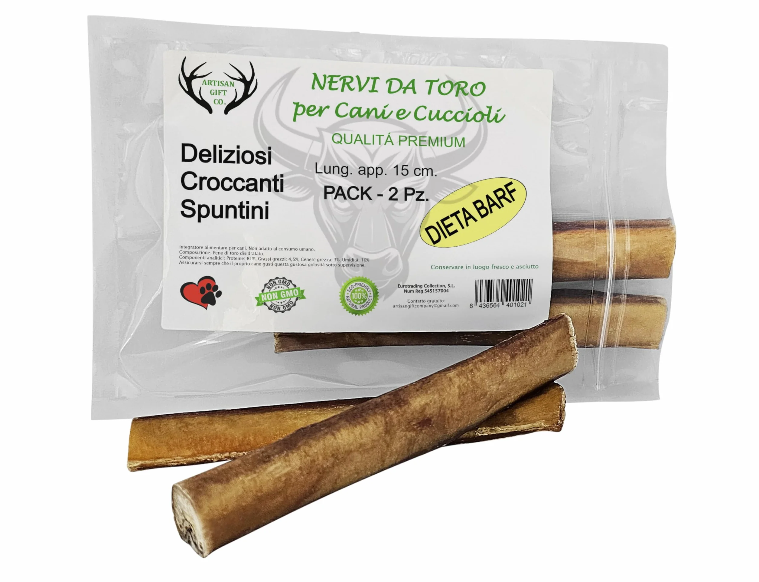 Nervo di Bue per Cani, 2 un. (60 g, Nervi di bue 15cm.) | Masticativi naturali a lunga durata