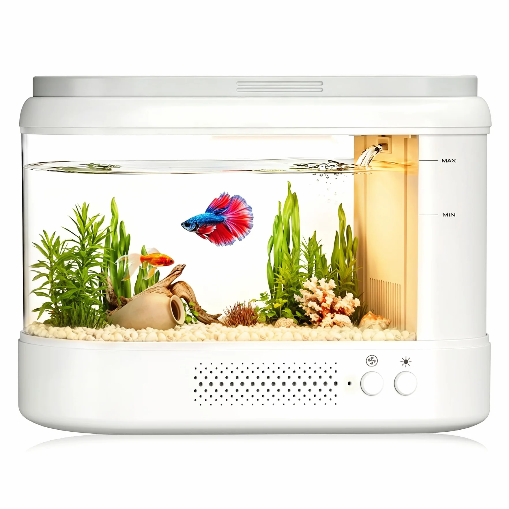 3,7L Mini Acquario Completo,Bianco Acquario in Acrilico con Sistema di Filtraggio e Illuminazione a LED, Piccolo Aquario da Tavolo per Betta,Pesci di Piccole Dimensioni, Piante e Gamberetti