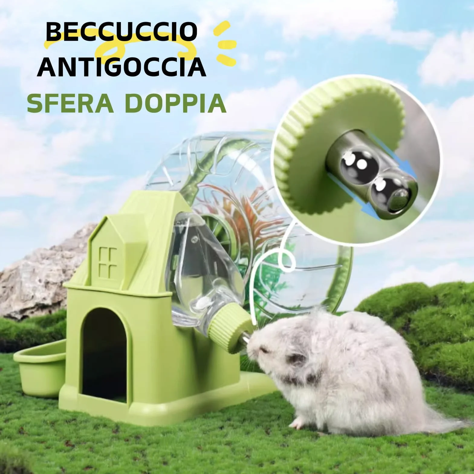 Ruota 4 in 1 per Criceto, Casa per Criceto con Ruota per Corsa, Ciotola per Cibo, Bottiglia d'Acqua e Nascondiglio, Giocattoli per Esercizio e Corsa per Piccoli Animali (Verde, 19.5cm)