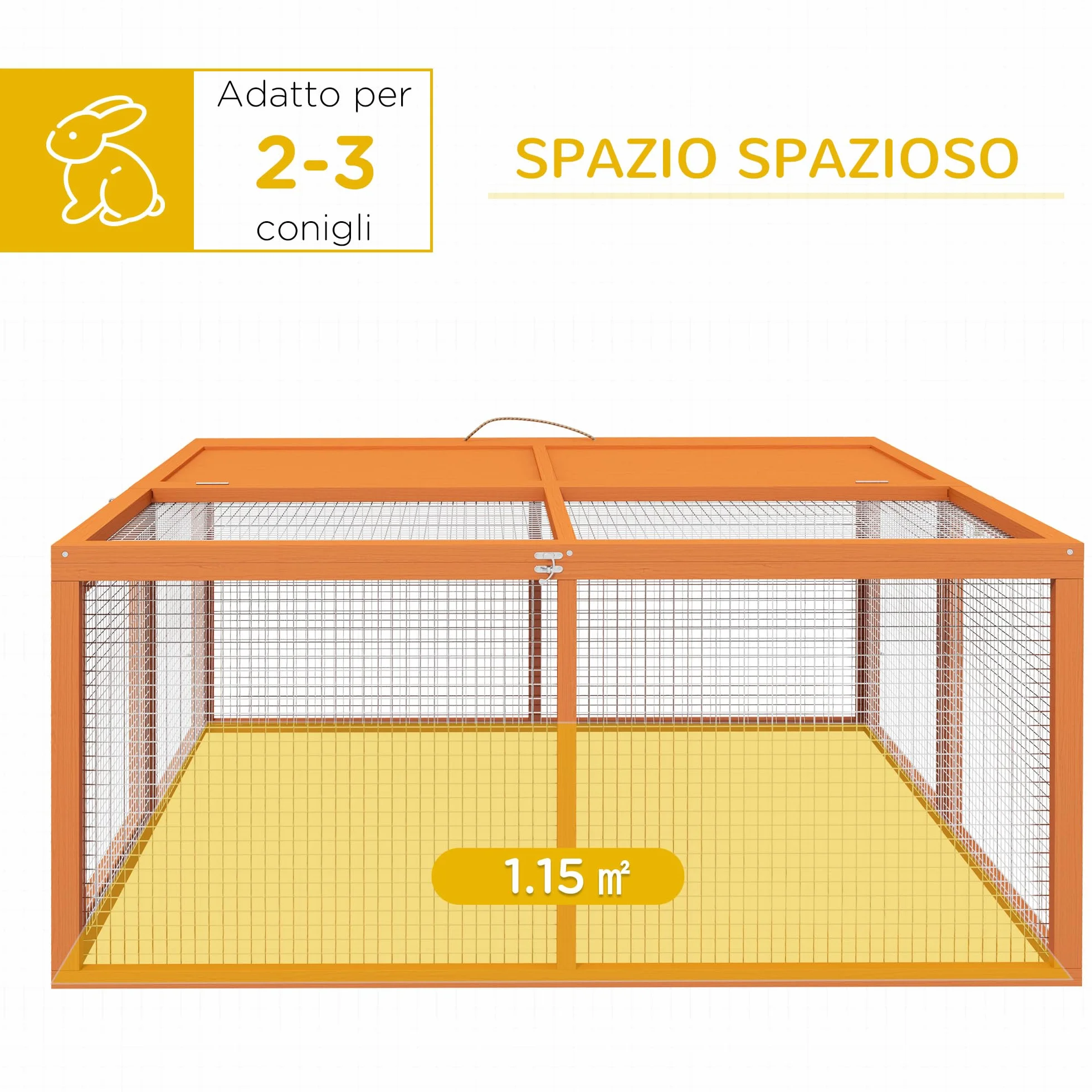 PawHut Conigliera Pieghevole per 2-3 Roditori con Ingressi Multipli, Gabbia per Conigli in Legno e Acciaio, 110x105x50 cm, Arancione