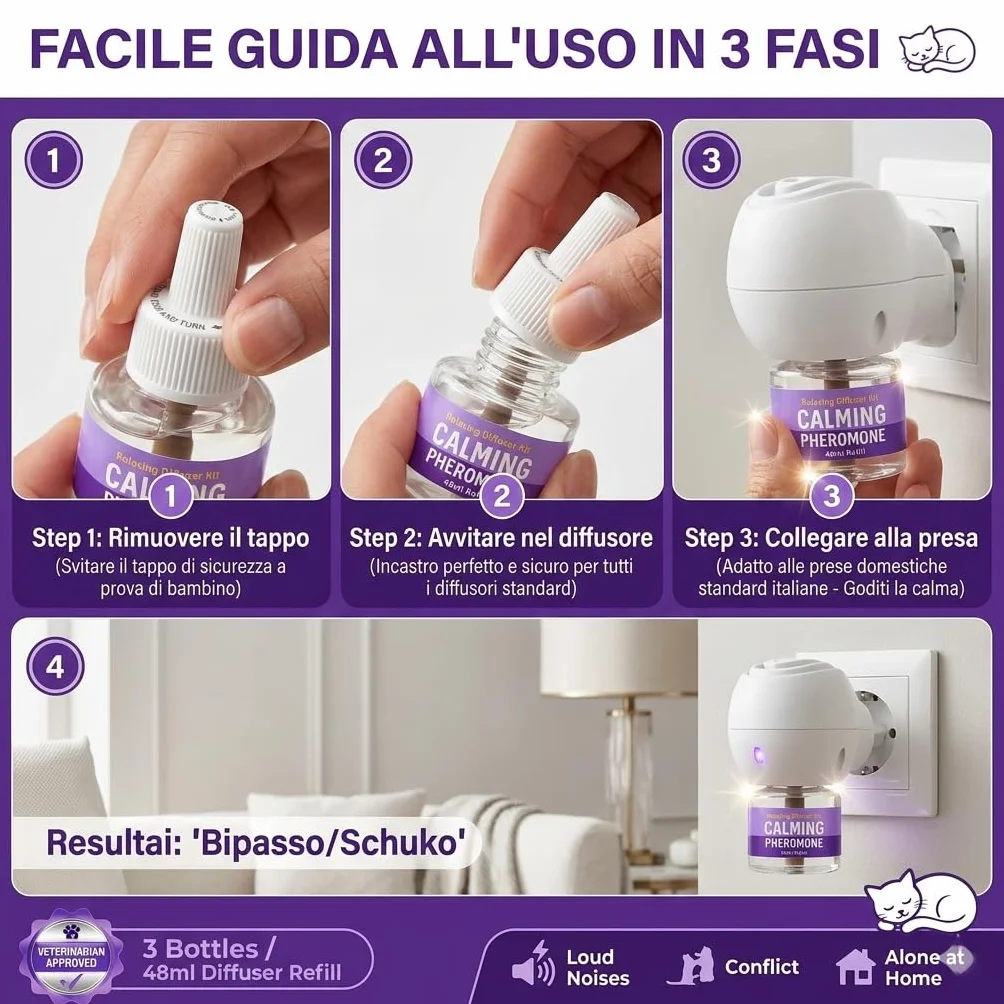 Ricarica Diffusore di Feromoni Calmanti per Animali Domestici – 3 Flaconi da 48 ml – Favorisce Calma e Benessere in Cani e Gatti – Uso Domestico