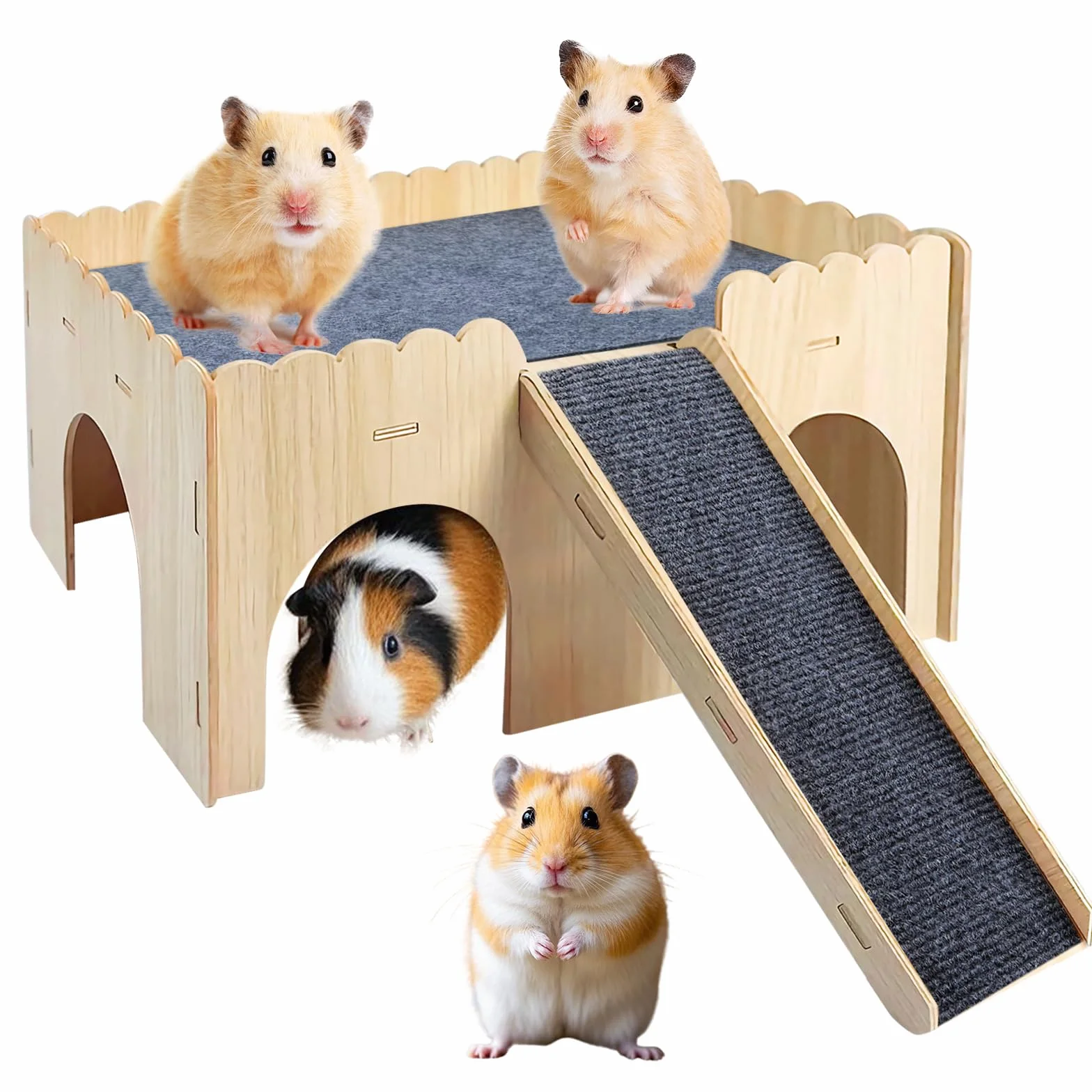 Multipiano cavia nascondiglio, casa di criceto con scale e stuoie, 38*25*18.5cm casa di cavia, castello di porcellini d'India in legno gabbia per criceto cincillà coniglio