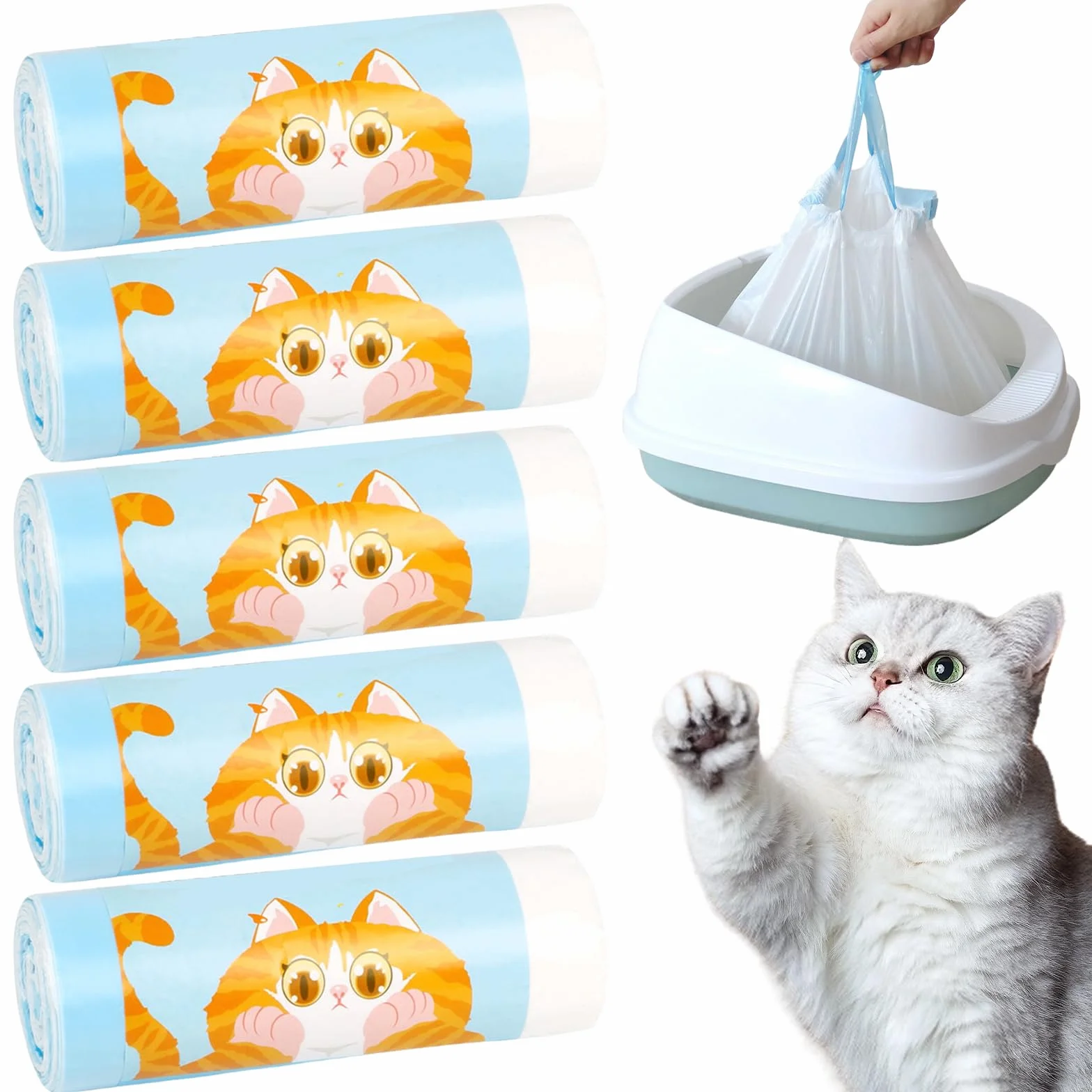 100 sacchetti per lettiera per gatti, 58 x 35 cm, con laccetti, autopulenti, sacchetti per lettiera per gatti, resistenti e antistrappo, a tenuta stagna