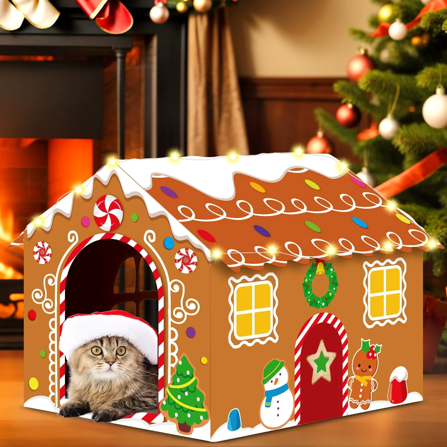 Casetta natalizia per gatti in cartone con luce a LED, tiragraffi con pan di zenzero, casetta per gatti di Natale, 39,9 x 34 x 32 cm, tiragraffi per gatti da interni