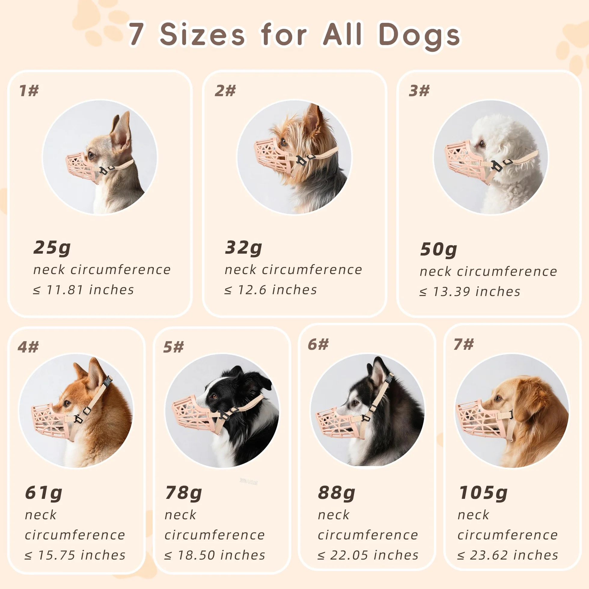 7 pezzi / set museruola in plastica per cani, maschere per cestini per animali domestici regolabili anti-morso, traspiranti e confortevoli