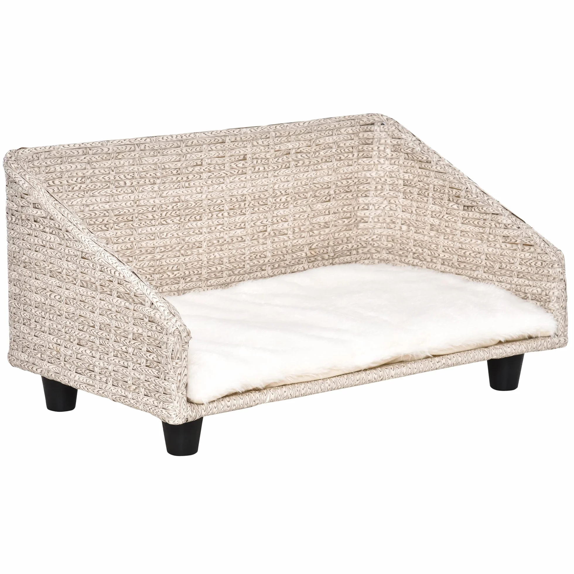 PawHut Cuccia per Cani e Gatti Rialzata in Rattan con Cuscino Lavabile Bianco, Lettino per Animali da Interno, 70.5x40x37.5cm, Beige