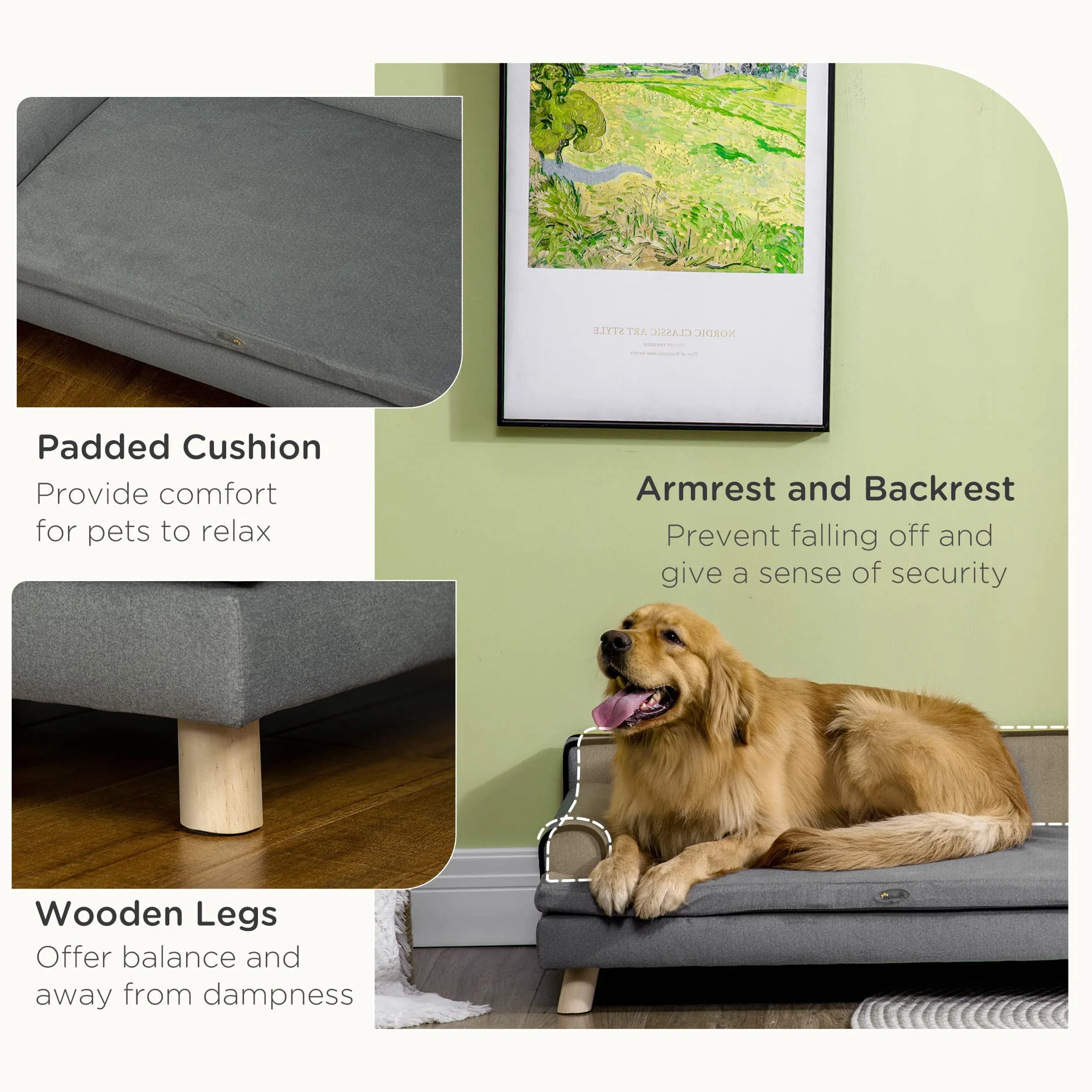 PawHut Divano per cani con gambe, tessuto impermeabile per cani di taglia grande e media, grigio