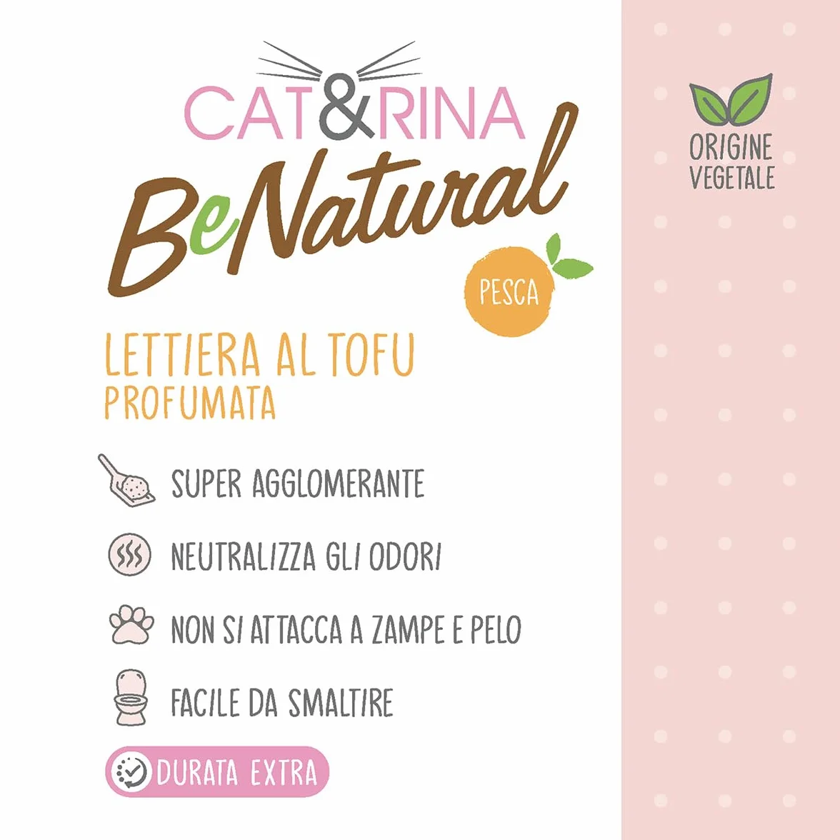 Cat&Rina BeNatural, lettiera per gatti al tofu agglomerante di origine vegetale. Fino a 30 giorni di utilizzo. Si smaltisce nell'organico o nel wc. alla Pesca.