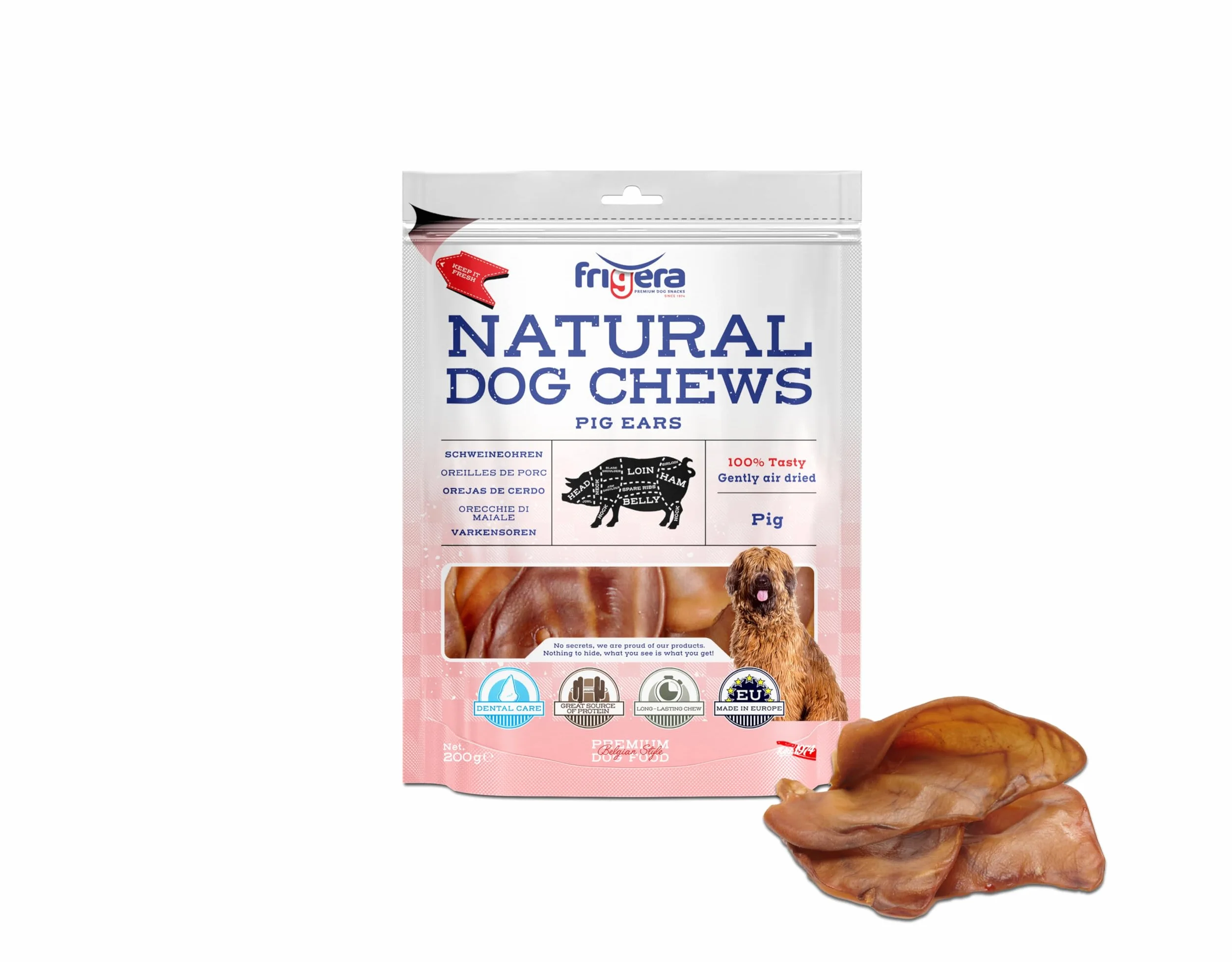 Frigera Orecchie di maiale 200 g – Deliziosi naturali ricchi di proteine per cani, senza glutine e cereali, a lunga durata.