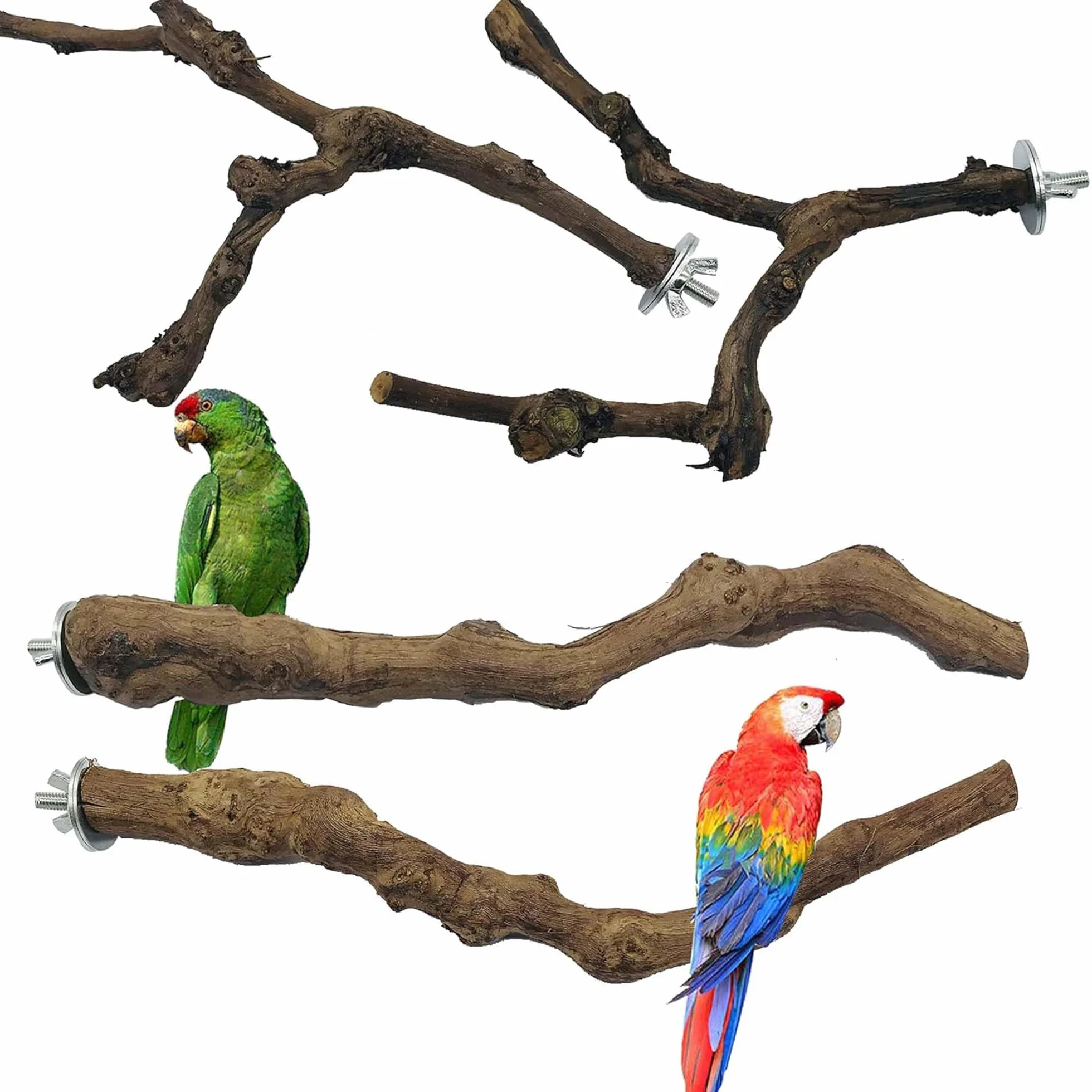 4 Pz Giocattolo per Pappagalli, Ramo D'uva Naturale Giocattolo per Uccelli, Trespolo Posatoio Supporti per Uccelli in Legno Naturale per Piccolo Medi Pappagalli