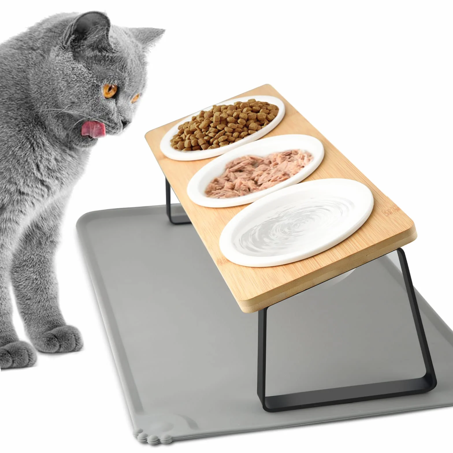 Set di 3 Ciotole per Gatti e Cani Rialzate in Ceramica Inclinata 15° con Tappetino Antiscivolo