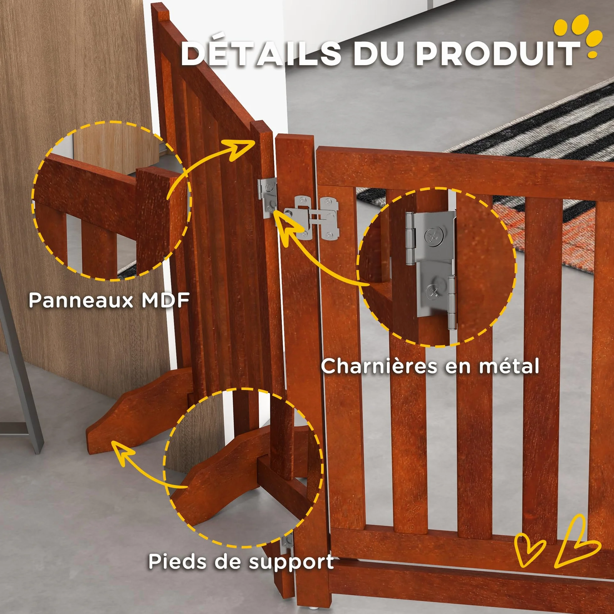 PawHut Recinto per cani in legno bifacciale pieghevole e autoportante, recinto per cani da interno a 4 pannelli con porta, con piedini di sostegno, per animali domestici, 205 x 60 cm, marrone