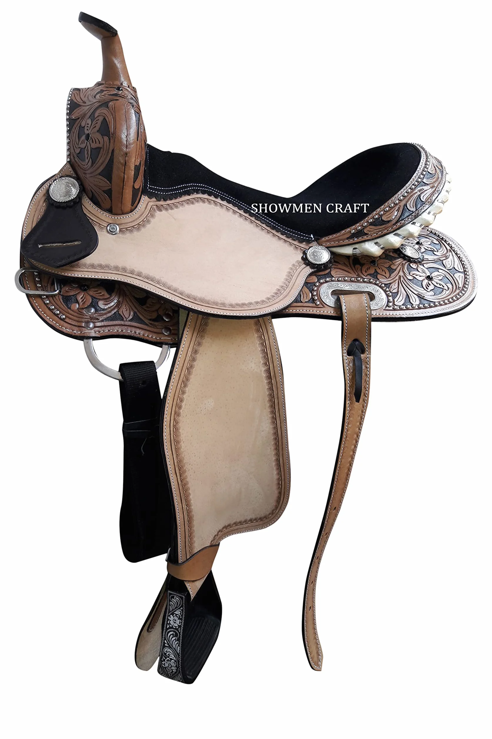 Western Saddle Barrel Racing Style Sella con Pelle Neutra con Testiera e Pettorale