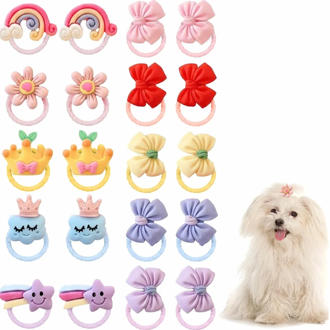 Set 20 Fiocchetti Per Cani, Fiocco Papillon Elasticizzato & Corona Mini, Barrettine Multicolori Per Yorkshire