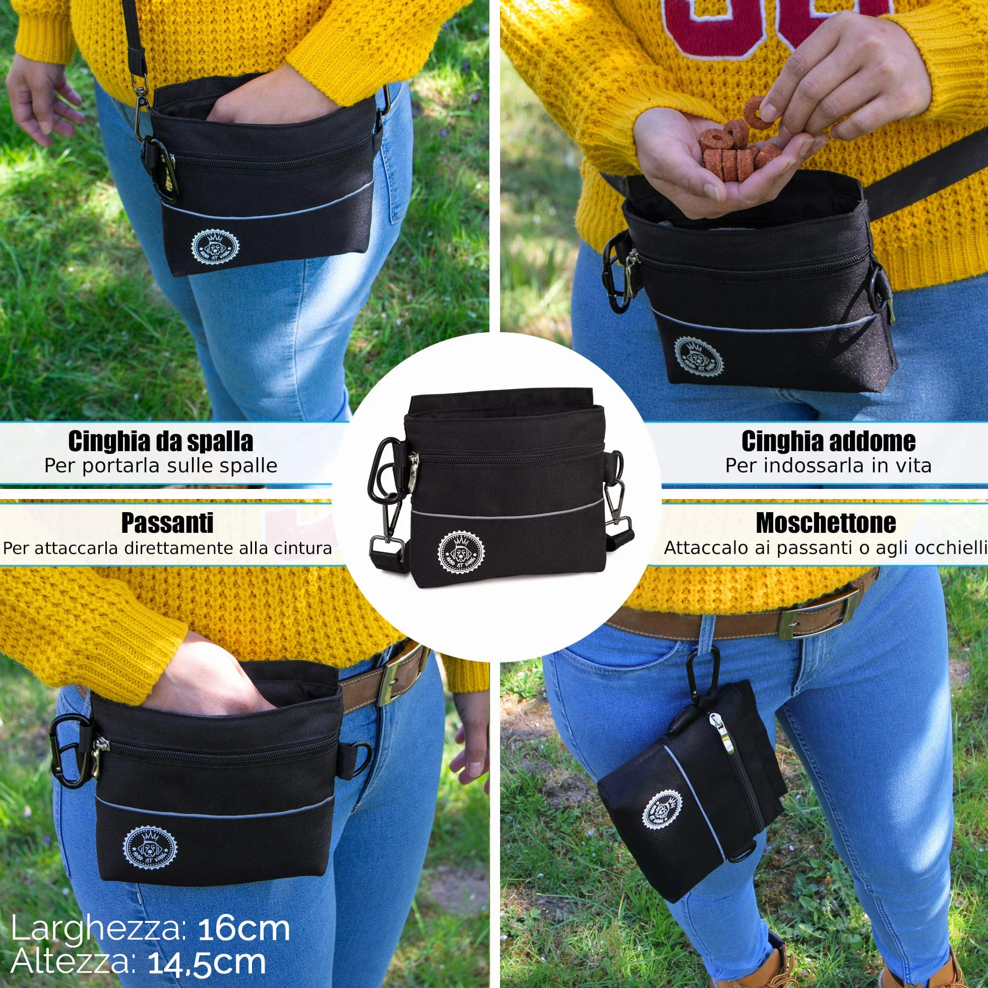 Borsa per premietti cane con tasca magnetica a una mano, 2 tasche con cerniera, tasca interna rimovibile, cinghia per spalla imbottita, moschettone gratuito, perfetto per addestramento agility canino