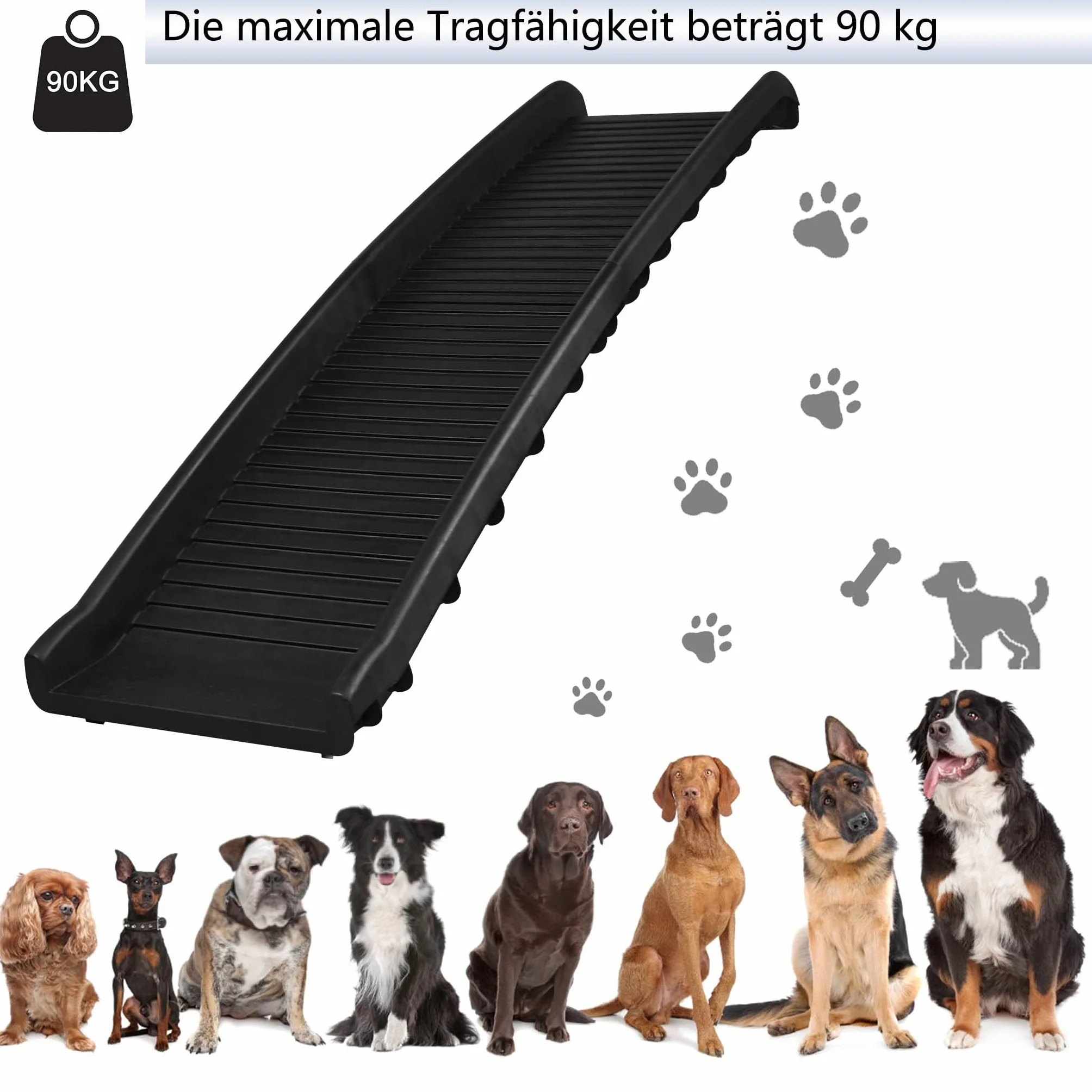 Aufun Rampa per Cani Pieghevole in Plastica per Bagagliaio per Auto Rampa per Animali Domestici Ingresso, Passerella Antiscivolo con Tampone in Gomma Fino a 90 kg, 156 x 40 cm Nero