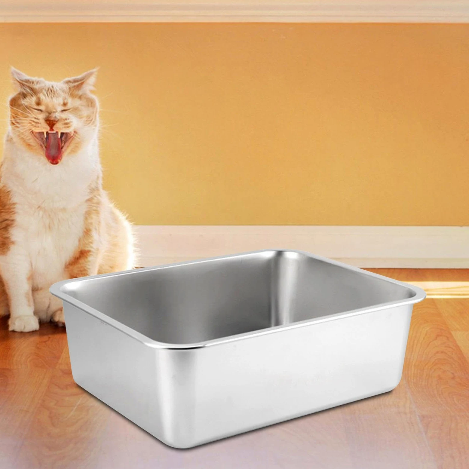 Lettiera per Gatti in Acciaio Inox con Lati Alti Multifunzionale antiruggine AntiGraffio con Bordo Liscio per, 40x30x15 cm