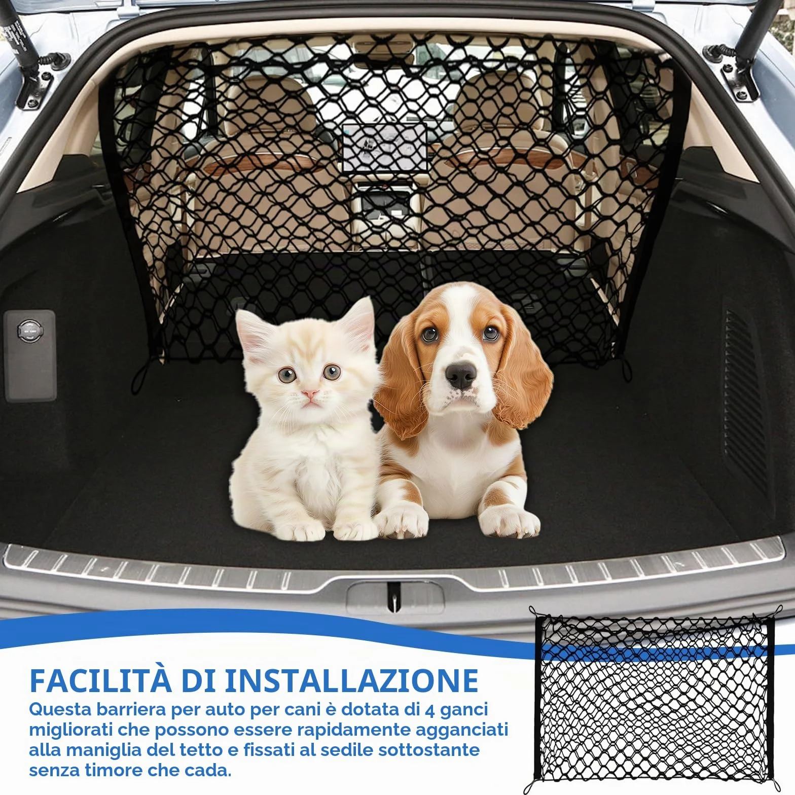 GOMETY Griglia di protezione per auto, rete di separazione per cani, 120 x 90 cm, doppio strato di polipropilene con 4 ganci, rete universale per cani di sicurezza per animali domestici, divisorio