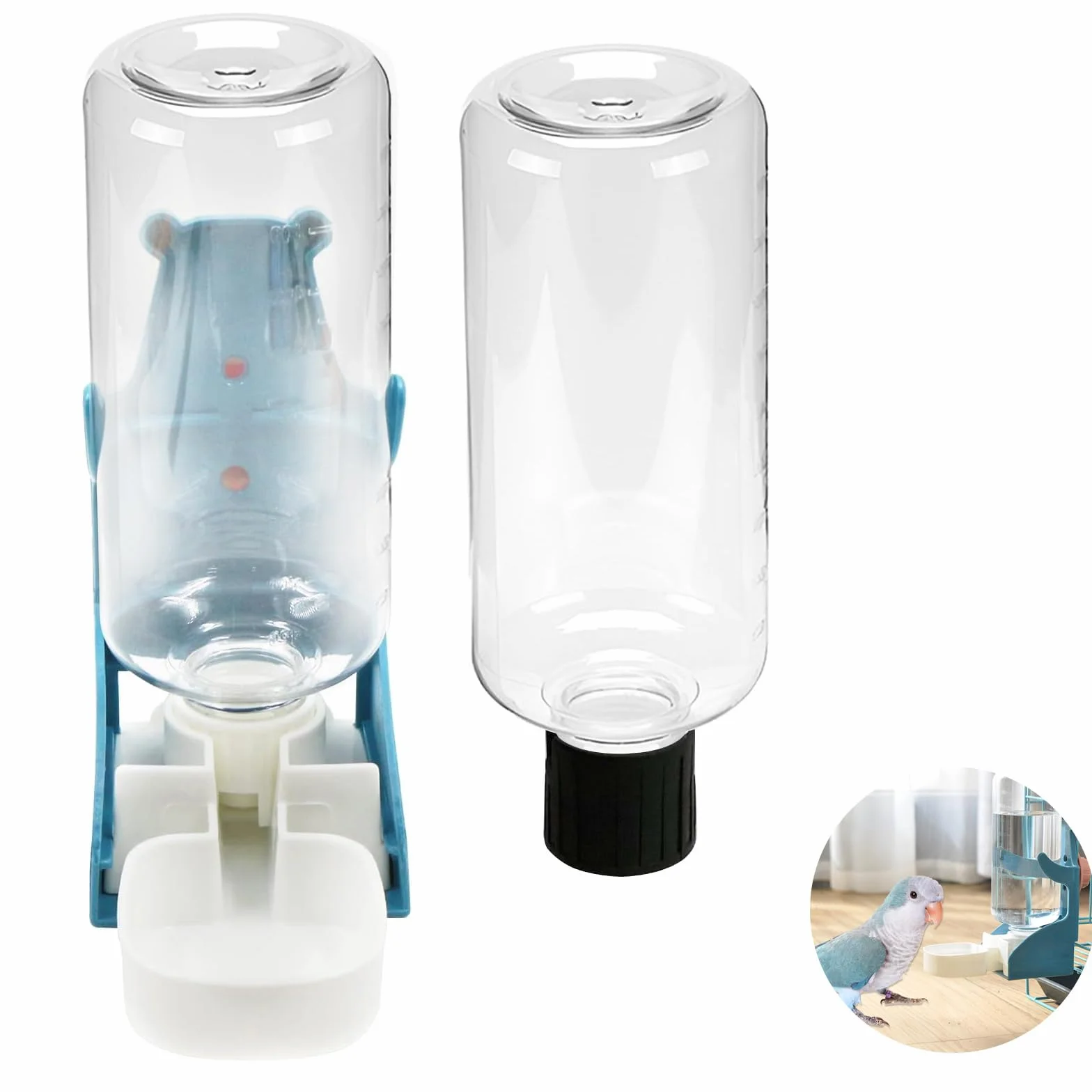 Distributore di acqua e cibo automatico per uccelli, abbeveratoio 500 ml, facile da installare e pulire, anti-perdite,(Bottiglia d'acqua*2,per bottiglia da 500 ml)