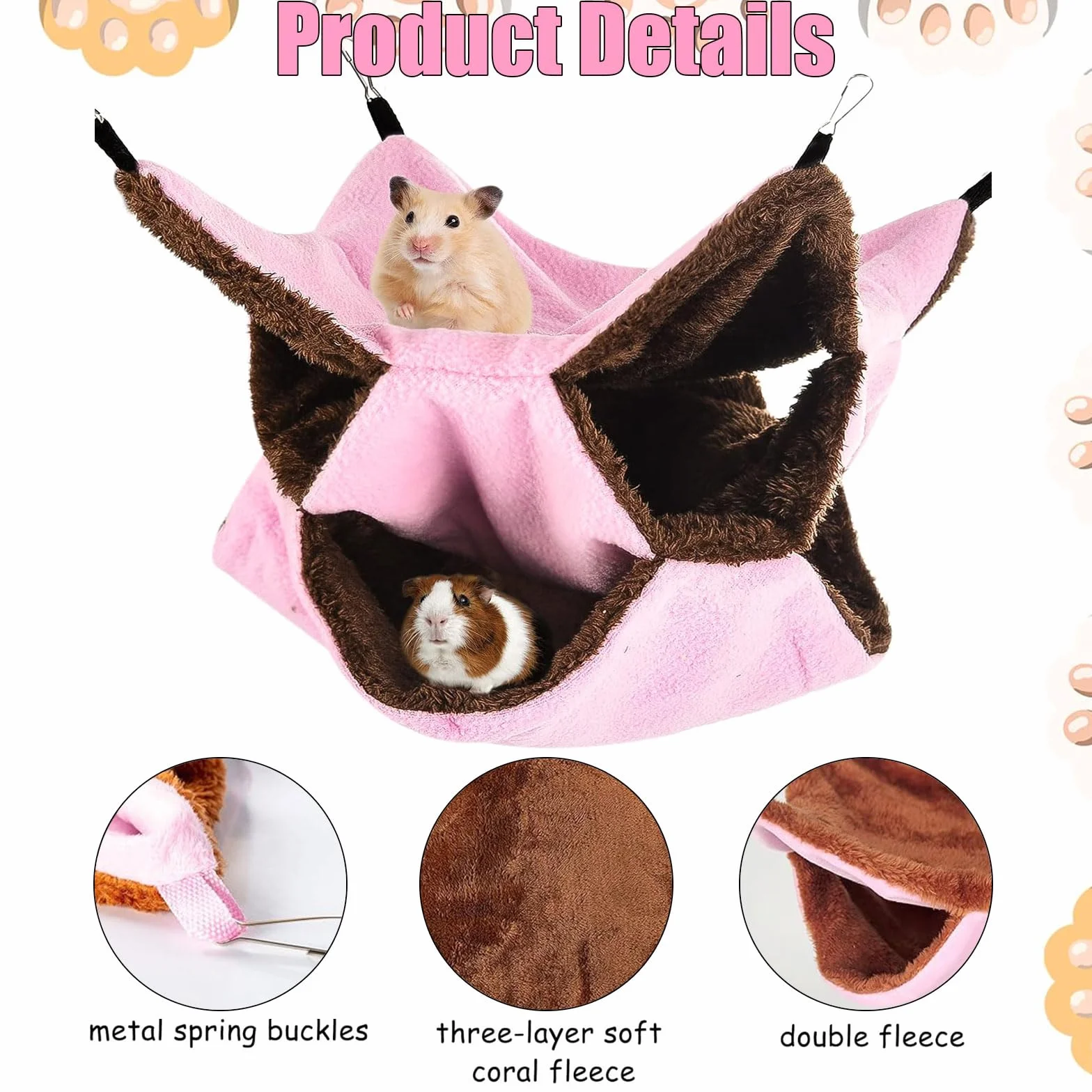 Amaca da Appendere per Piccoli Animali, Morbida e Calda Gabbia per Animali Domestici, Amache Furetti Letto Morbido, a 3 Strati, Per Criceti, Scoiattoli, Furetto, Porcellino d'India, 30 x 30cm, Rosa