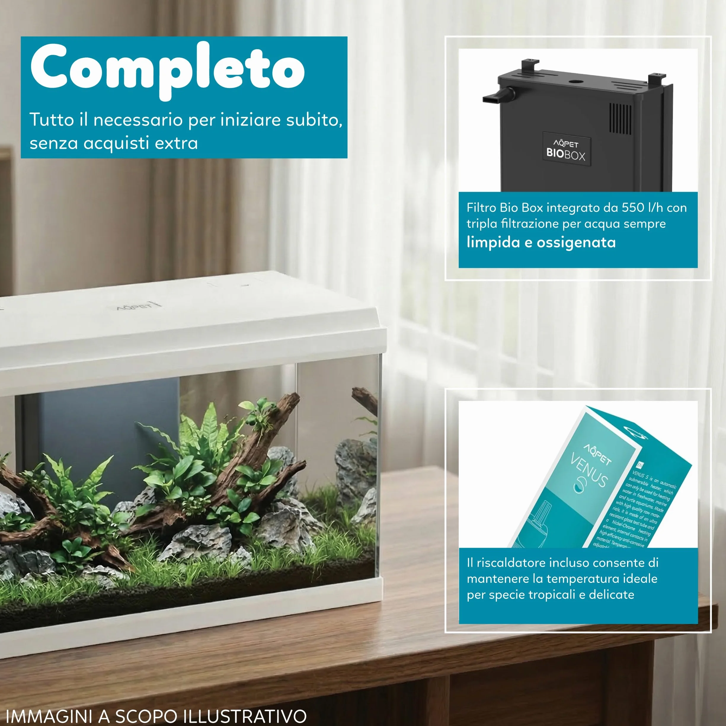 AQPET Acquario in Vetro per Pesci Tropicali Completo di Accessori Filtro Luce Simply, 60 59x30x39 cm 60 Litri, Bianco