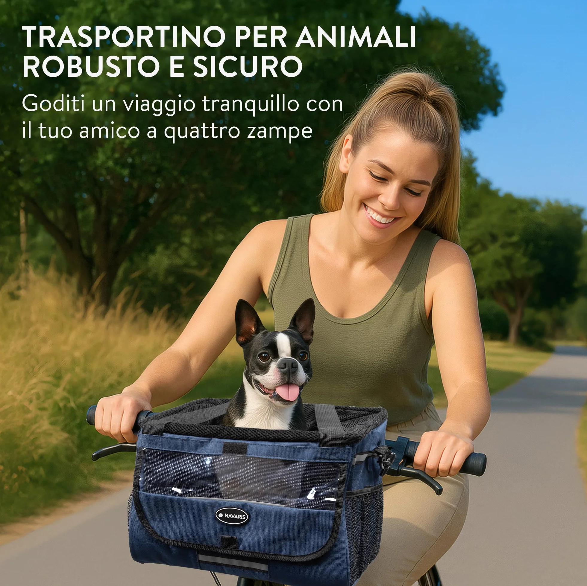 Navaris Trasportino per Cani - Cestino Bicicletta Anteriore - Cestino Bici per Cani 10 kg Sicuro e Stabile - Trasportino Cane con Cinghie di Fissaggio e Trasporto - Blu