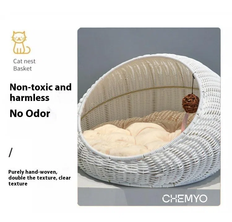 Cuccia per Gatti in Vimini, Cuccia per Gattini in Vimini, Cuccia in Rattan per Uso Interno ed Esterno, Cuccia Accogliente con Cuscino Morbido Lavabile 50x40x35 cm Beige