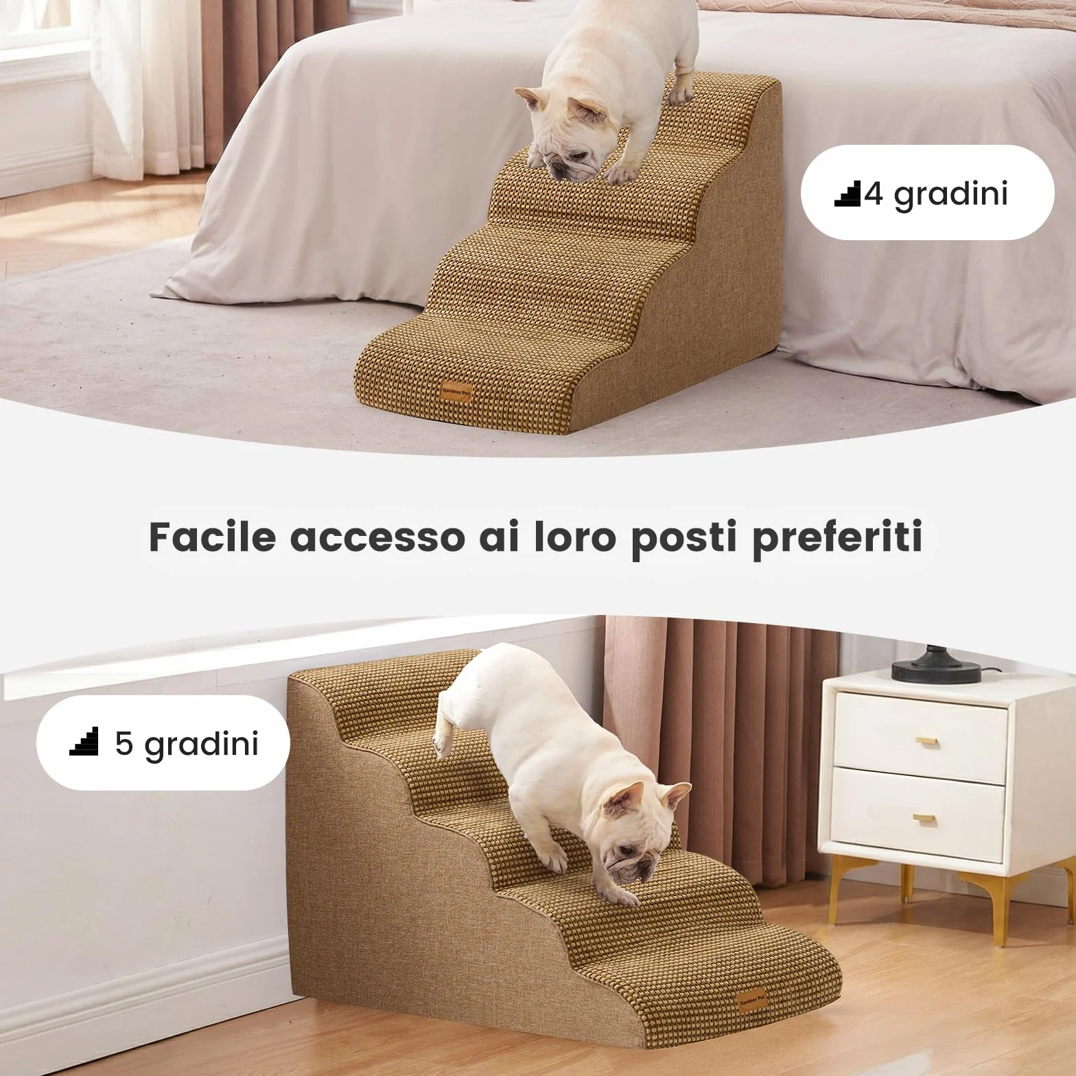 Gardner Pet Scala per Cani Piccoli 5 Gradini, Scaletta per Cani Lavabile Alta 55 cm, Rampina in Schiuma con Rivestimento Antiscivolo e Impermeabile per Letto, Divano e Auto, Marrone